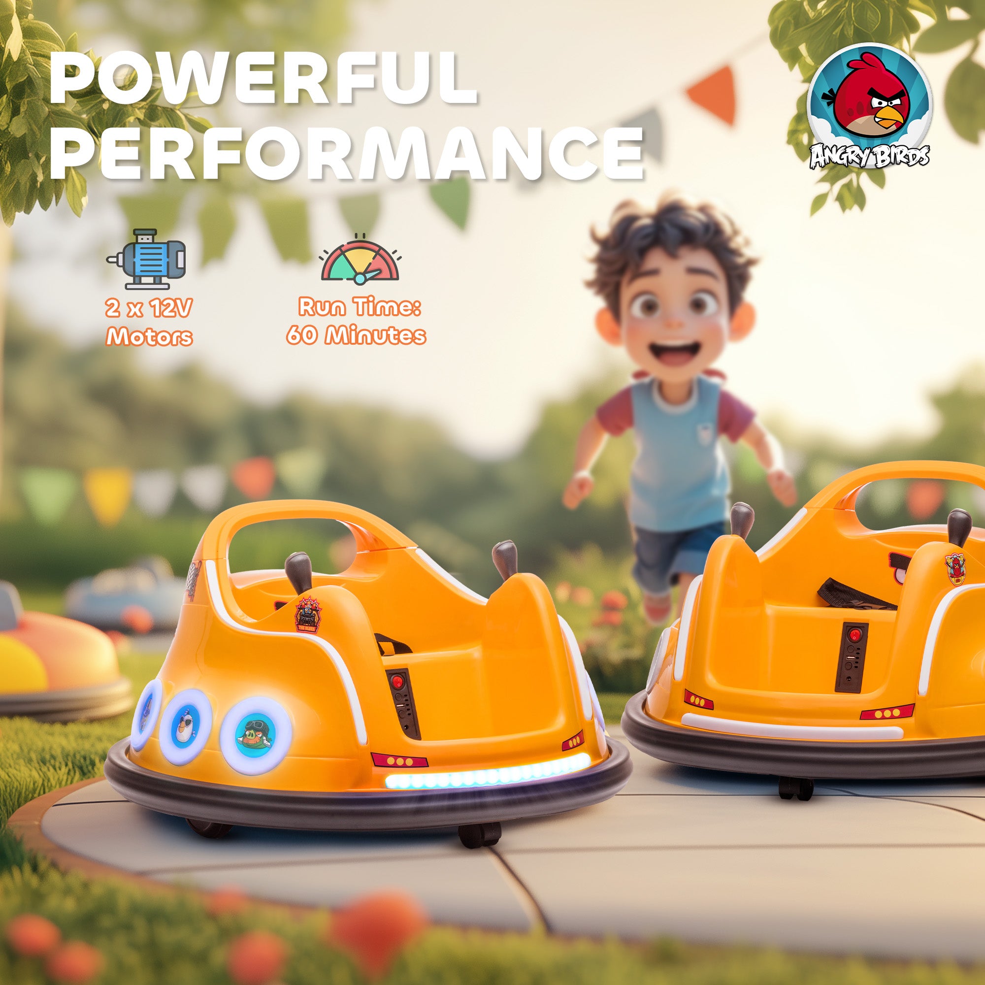 AIYAPLAY Angry Bird Licensed Waltzer Car, 12V Kids Bumper Car w/ Joysticks, Remote, Music LED Lights - Orange - North Peak Garden Furniture