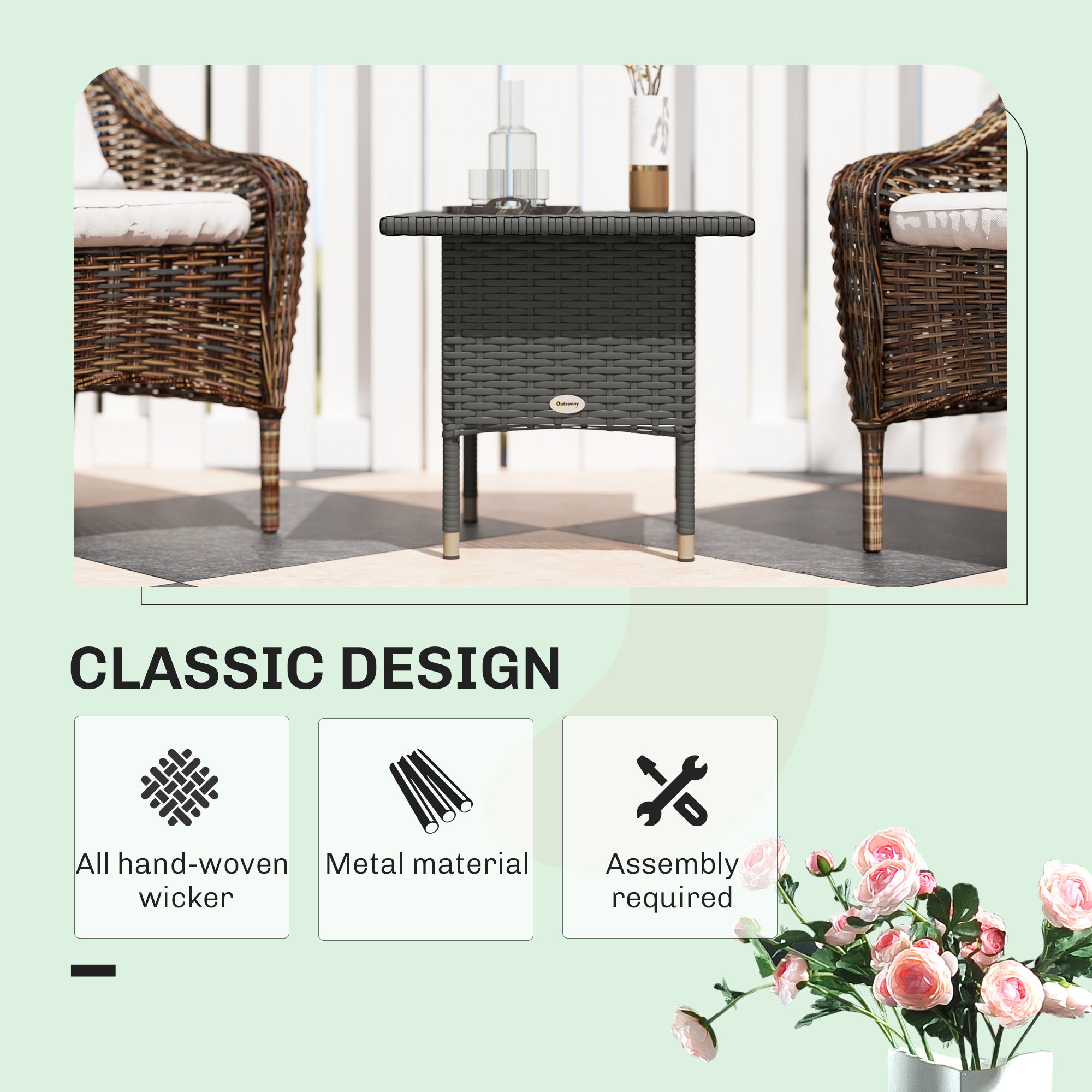 Outsunny Rattan Side Table, Outdoor Coffee Table with Plastic Board Under the Full Woven Table Top for Patio, Garden, Balcony, Grey - North Peak Garden Furniture