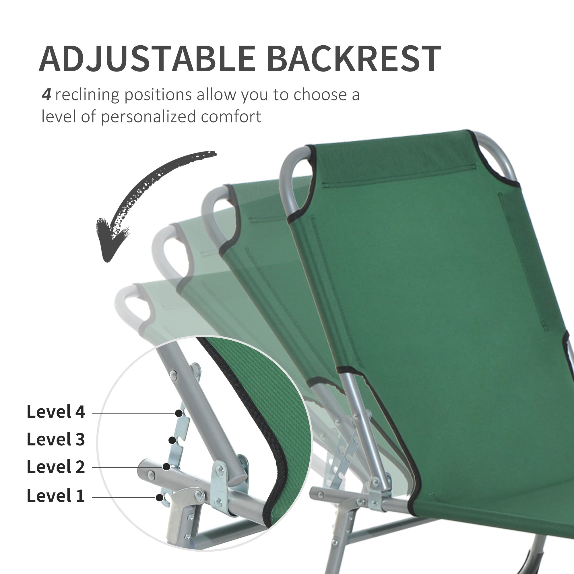Outsunny Reclining Sun Lounger Chair Folding Camping Bed with 4-Position Adjustable Backrest, for Travel Indoor Outdoor Office Fishing, Green - North Peak Garden Furniture