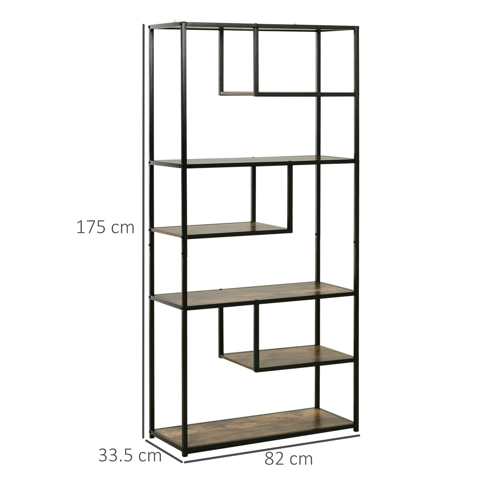 HOMCOM 6 Tier Bookcase, Industrial Tall Shelf Unit with Steel Frame for Home Office, Study, Living Room, Hallway, 82 x 33.5 x 175 cm, Rustic Brown and Black - North Peak Garden Furniture