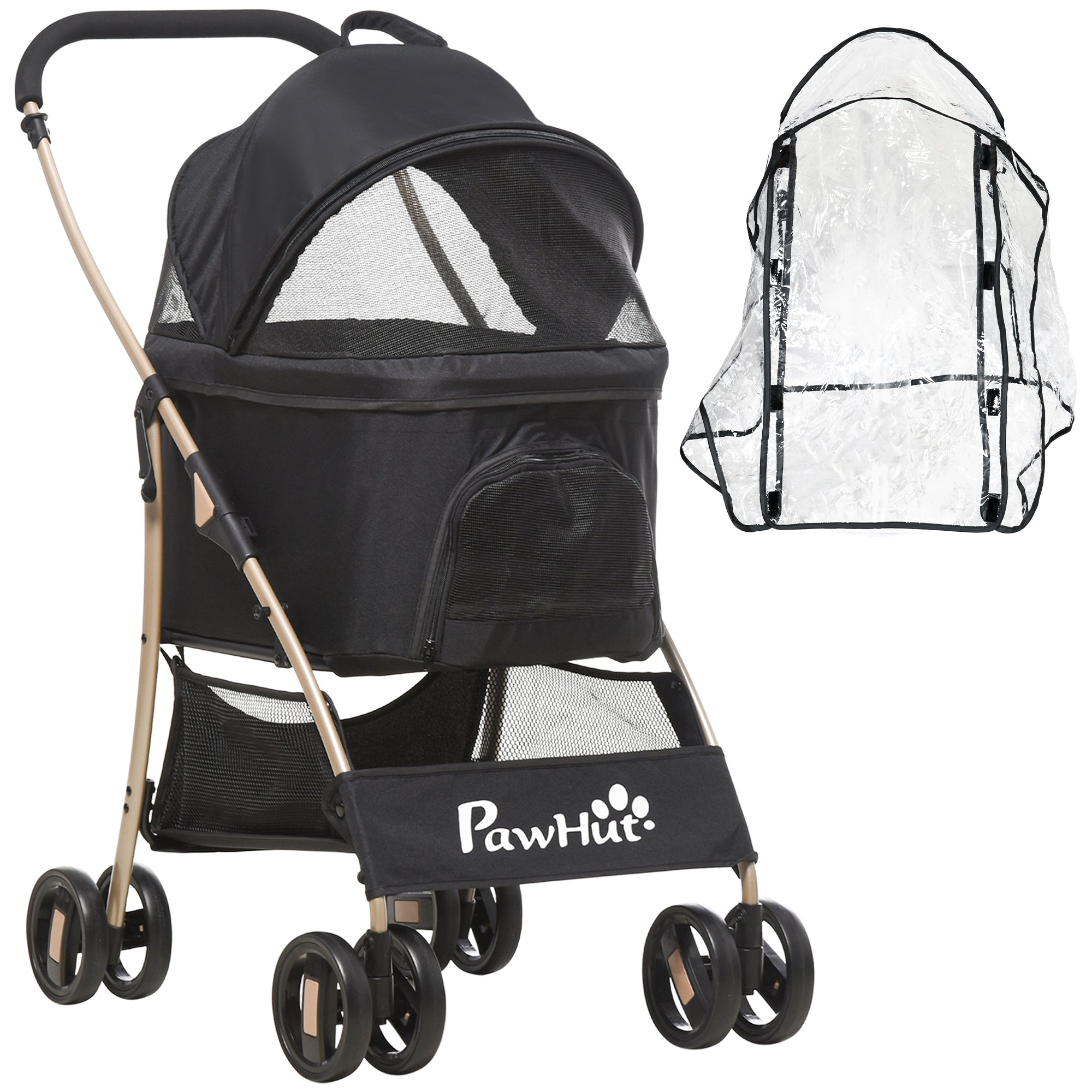 PawHut Detachable Pet Stroller with Rain Cover, 3 In 1 Cat Dog Pushchair, Foldable Carrying Bag w/ Universal Wheels, Brake, Canopy, Basket, Storage Bag for Small and Tiny Dogs - Black - North Peak Garden Furniture