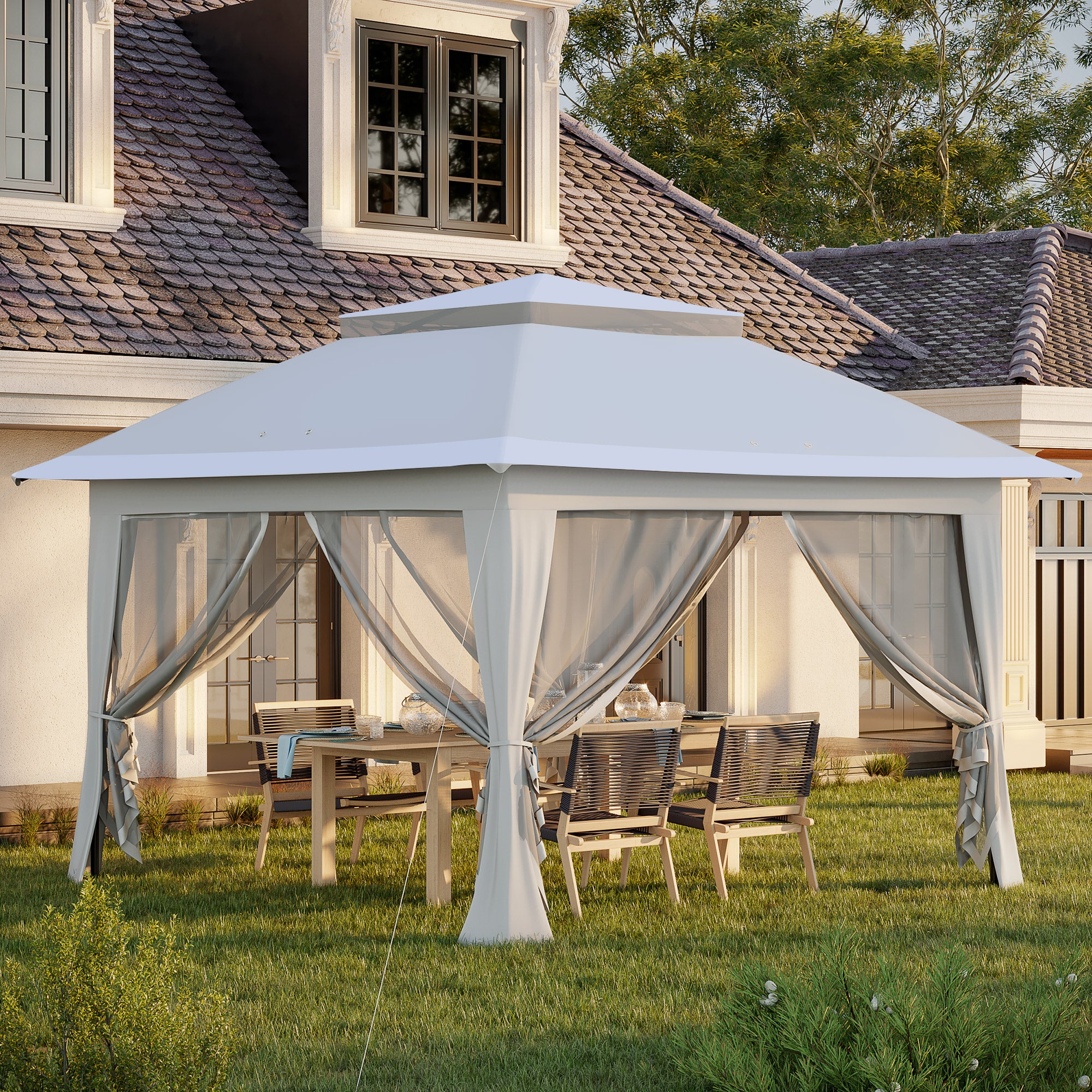 Outsunny 3.6 x 3.6 m Pop up Gazebo with Netting and Carry Bag, Height Adjustable Party Tent Instant Canopy Sun Shade Shelter, Grey - North Peak Garden Furniture