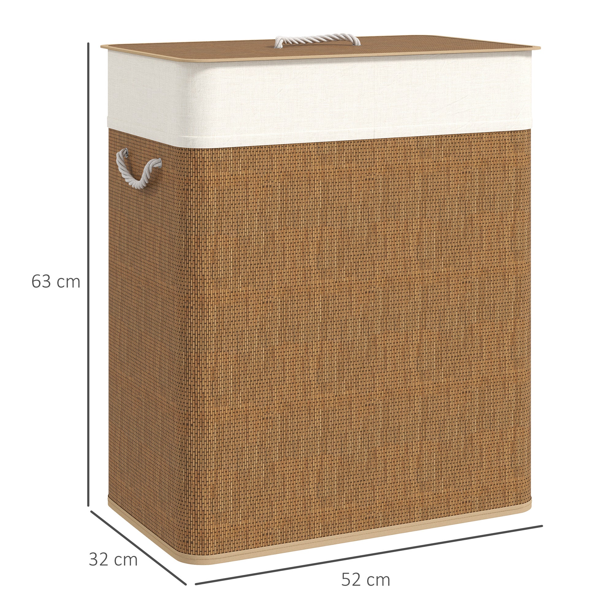 HOMCOM Double Laundry Basket with Lid, 100L Bamboo Laundry Hamper with Rope Handles, Washing Basket with Removable Liner for Bathroom, Bedroom, Brown - North Peak Garden Furniture