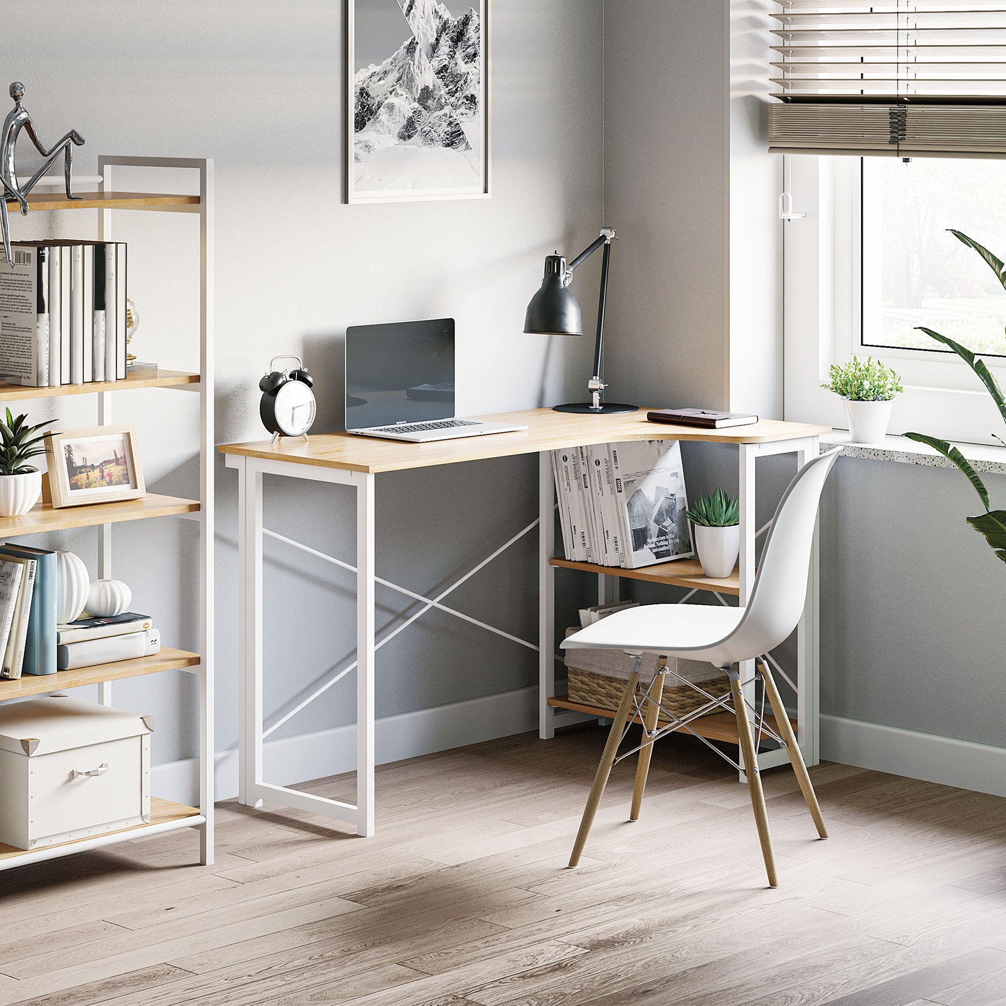 HOMCOM Folding Desk, L Shaped Desk, Corner Computer Desk with 2-Tier Storage Shelf for Home Office, Study Room, Workstation, Easy Assembly, 120 x 72.5 x 76.5cm, Oak Tone - North Peak Garden Furniture