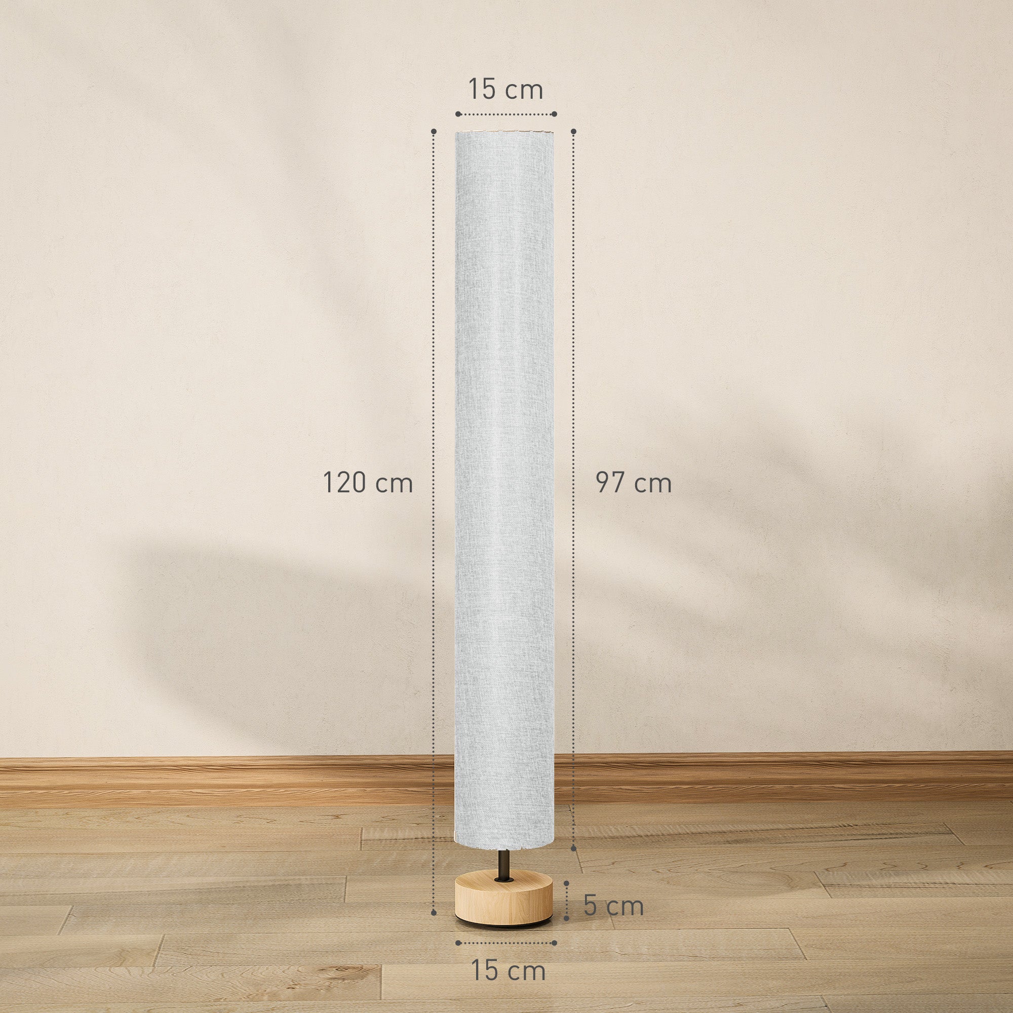 HOMCOM 47-Inch Modern Wooden Floor Lamp for Bedroom, Study or Living Space with Fabric Linen Shade (Grey)  120 CM