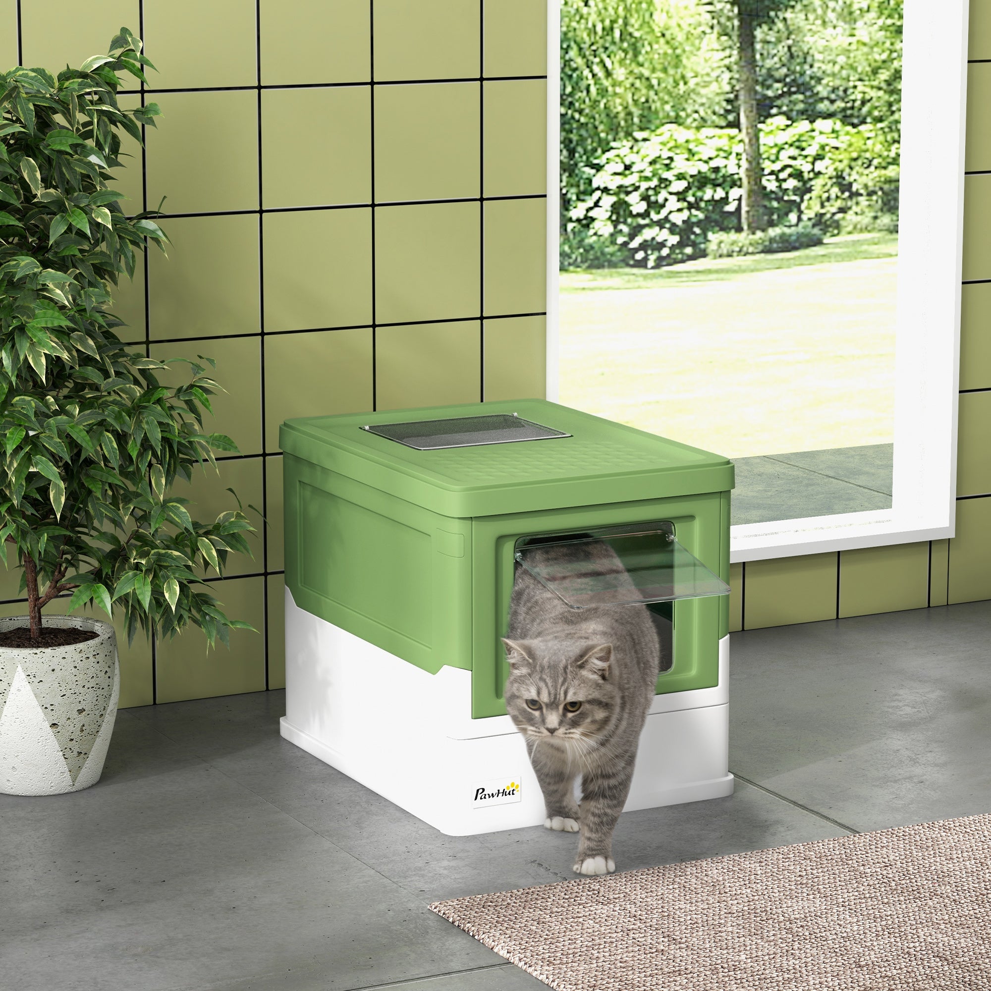 PawHut Hooded Cat Litter Box, Portable Pet Toilet, with Scoop, Front Entry - Light Green - North Peak Garden Furniture