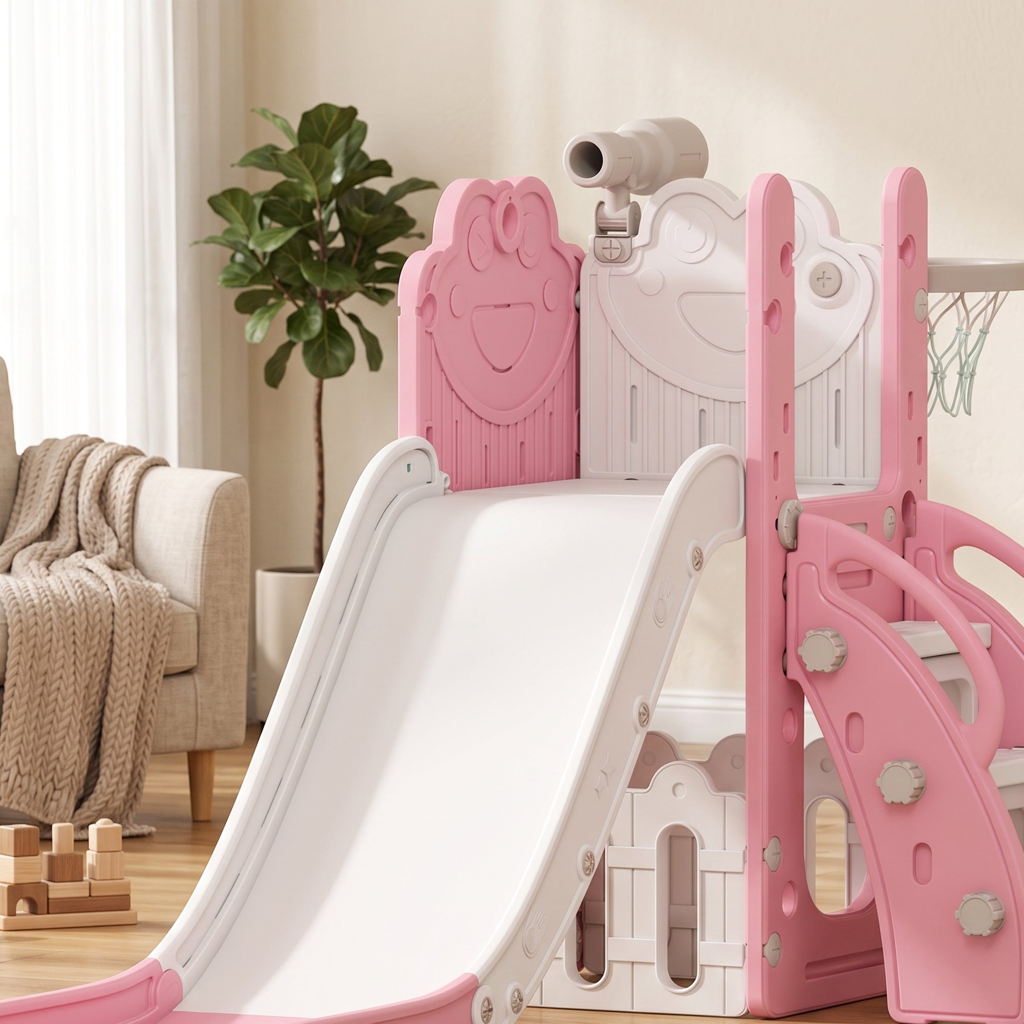 AIYAPLAY 5 in 1 Kids Slide Set with Basketball Hoop, Climbing Frame, Telescope, Storage Box for Toddlers Ages 1-3, Pink