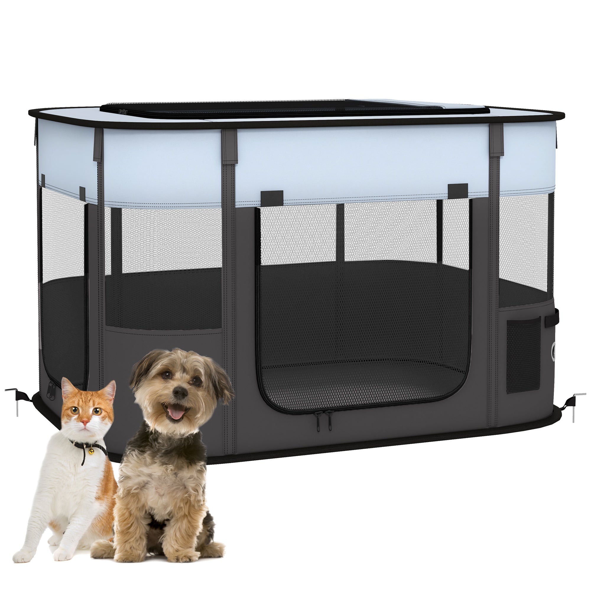 PawHut Foldable Dog Pen with Storage Bag for Indoor/Outdoor Use, Portable Pet playpen, with Ground Stakes - Grey - North Peak Garden Furniture