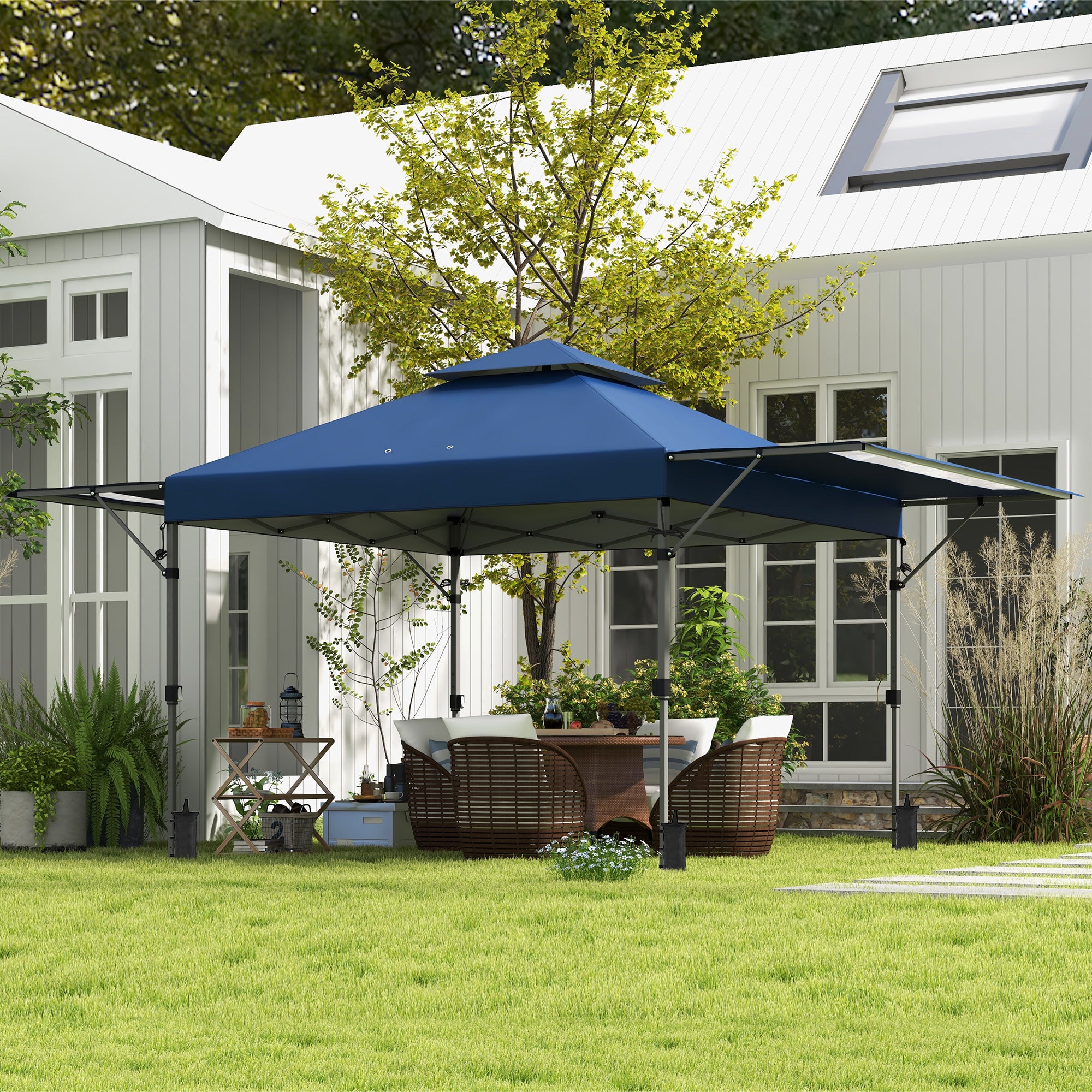 Outsunny 5 x 3m Height Adjustable Pop-Up Gazebo, with Accessories - Blue - North Peak Garden Furniture