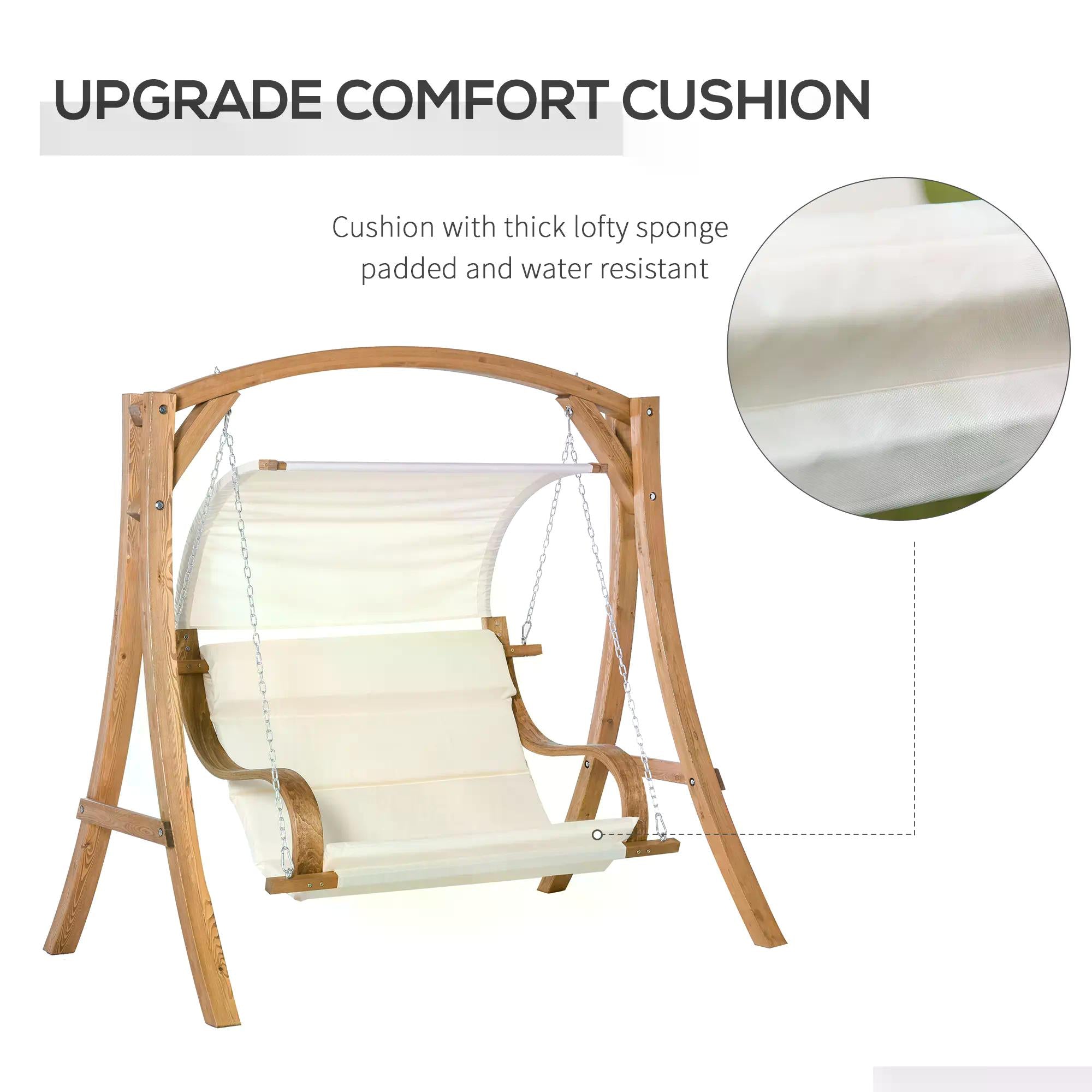 Outsunny Wooden Porch Swing Chair A-Frame Wood Log Swing Bench Chair With Canopy and Cushion for Patio Garden Yard