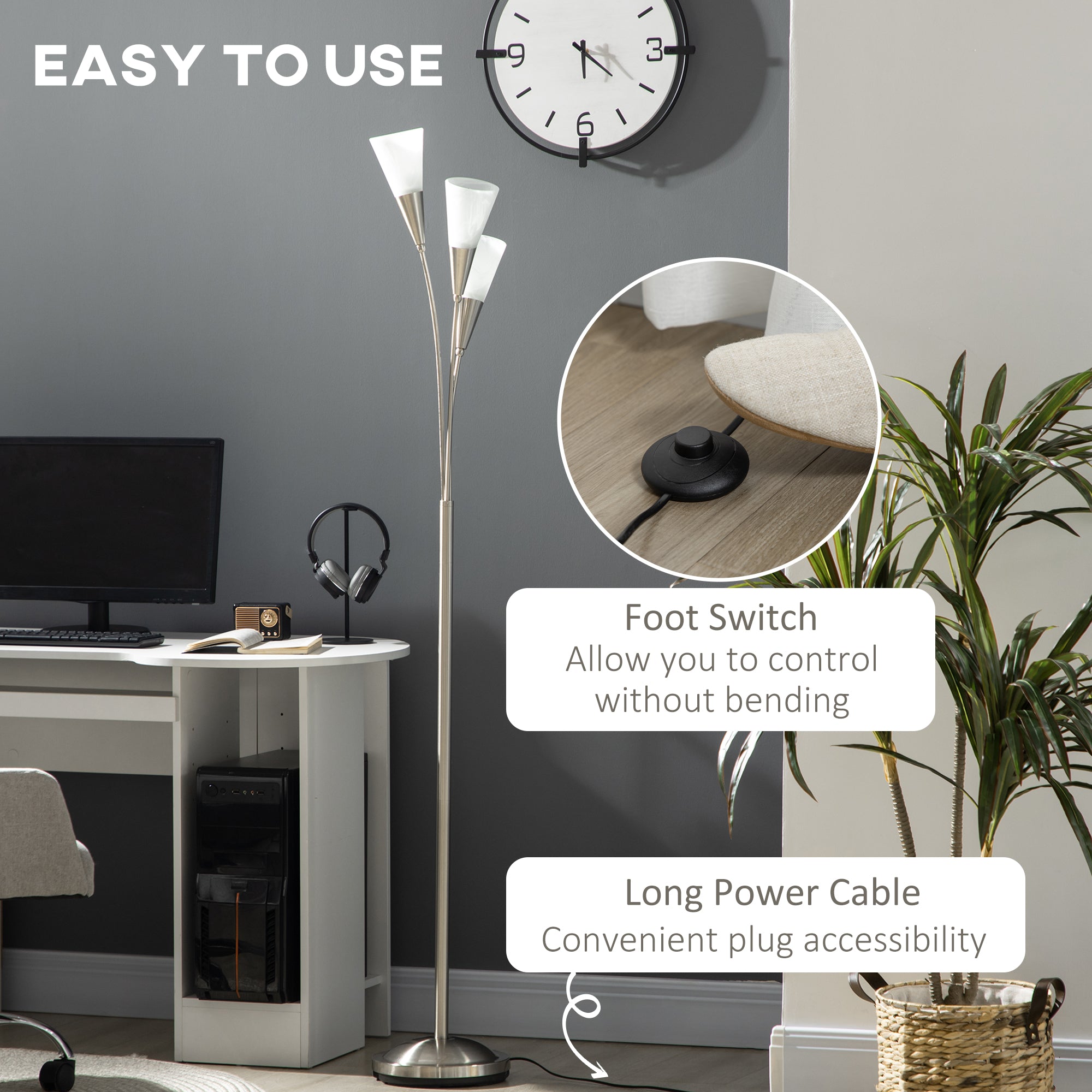 HOMCOM 3-Light Upright Floor Lamps for Living Room, Modern Standing Lamp for Bedroom with Steel Base, Bulb not Included, Silver - North Peak Garden Furniture