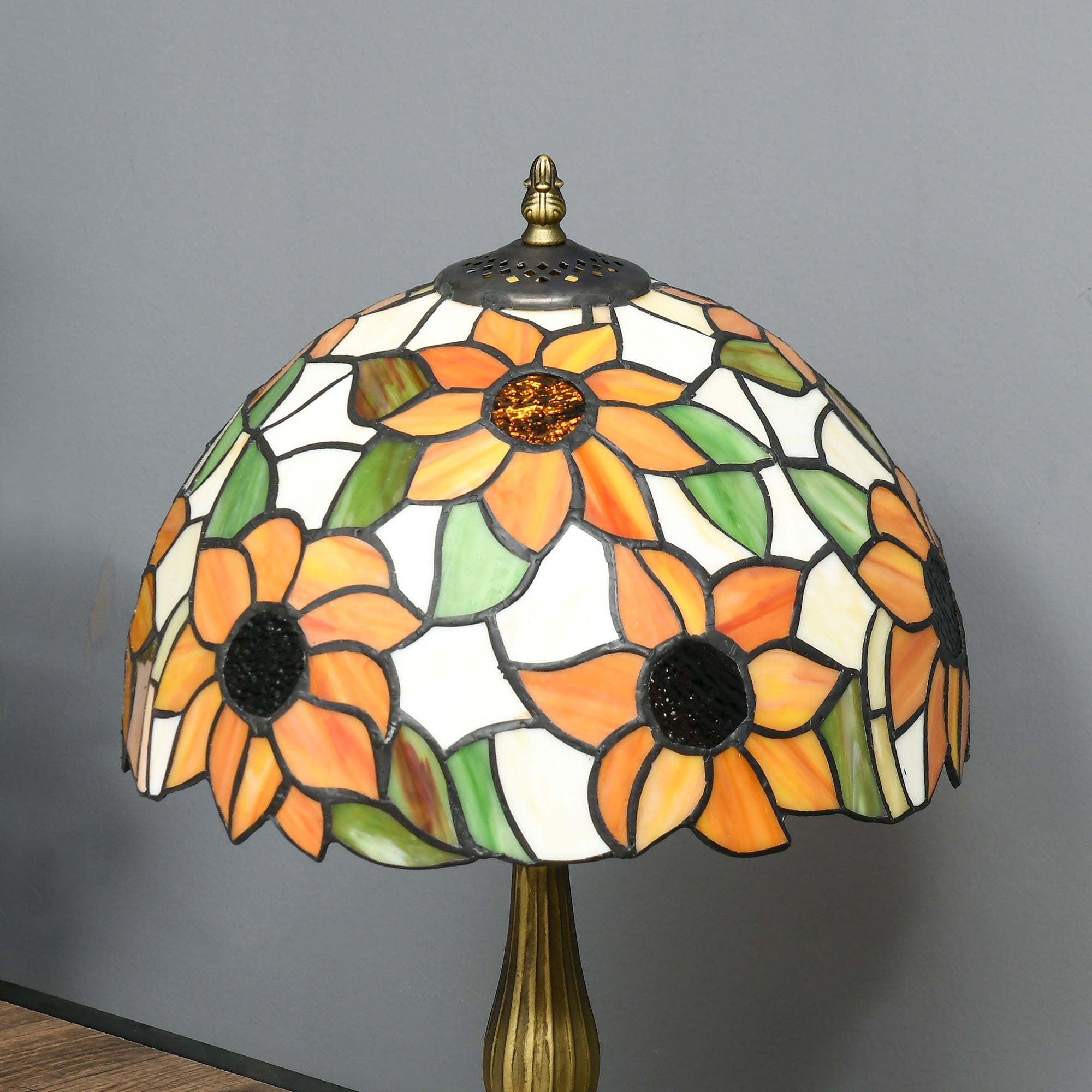 HOMCOM Stained Glass Table Lamp, Handmade Antique Bedside Lamp for Bedroom, Living room, Home, Nightstand, Decorative Night Light, Orange Sunflower - North Peak Garden Furniture