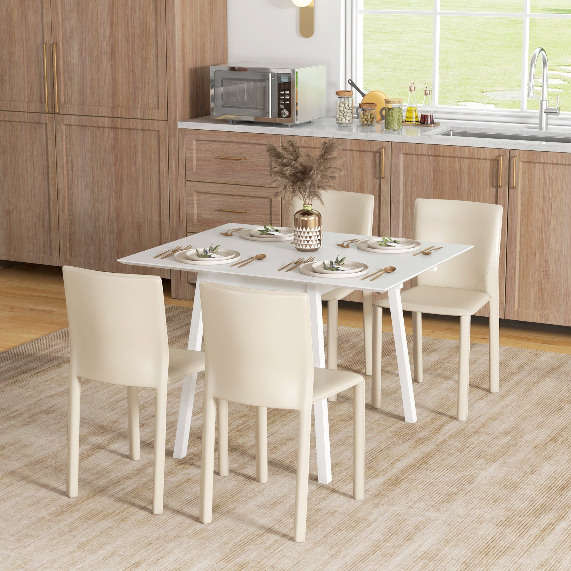HOMCOM Solid Wood Folding Dining Table, Drop Leaf Table for 2-4 People, Rectangle Kitchen Table for Small Space, White - North Peak Garden Furniture