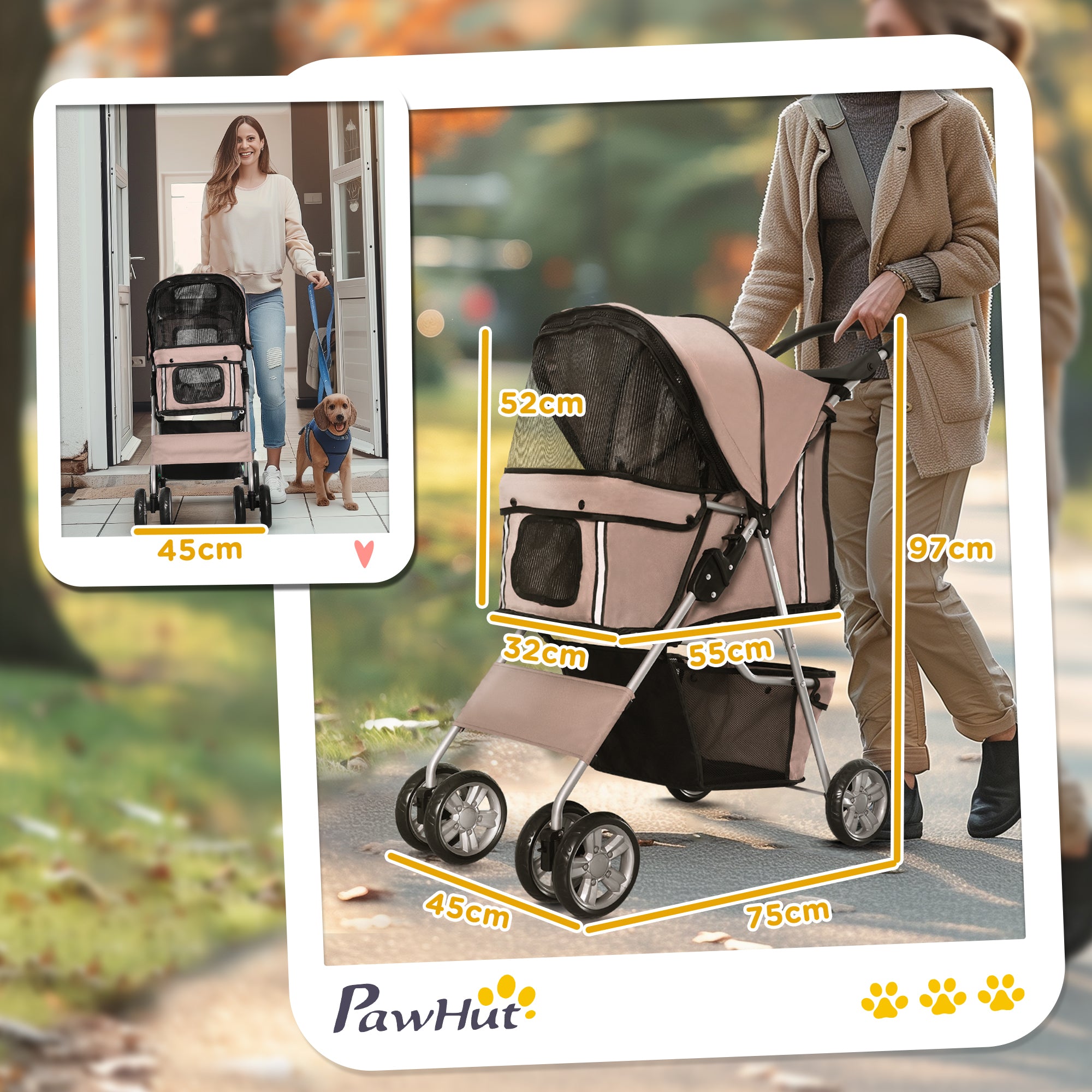 PawHut Pet Stroller Dog Pram Foldable with Wheels, Zipper Entry, Cup Holder, Storage Basket, Brown