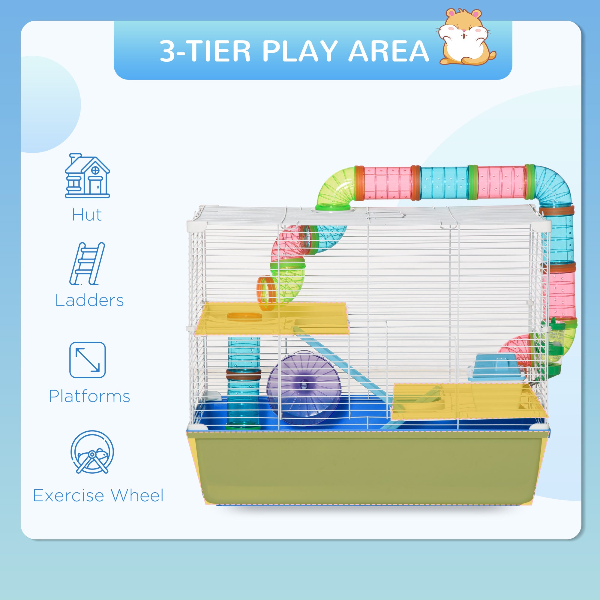 PawHut Hamster Cage with Tubes Tunnel 3 Level Rodent House with Exercise Wheel, Water Bottle, Food Dish, Ramp, Hut 59 x 36 x 47 cm- Blue - North Peak Garden Furniture