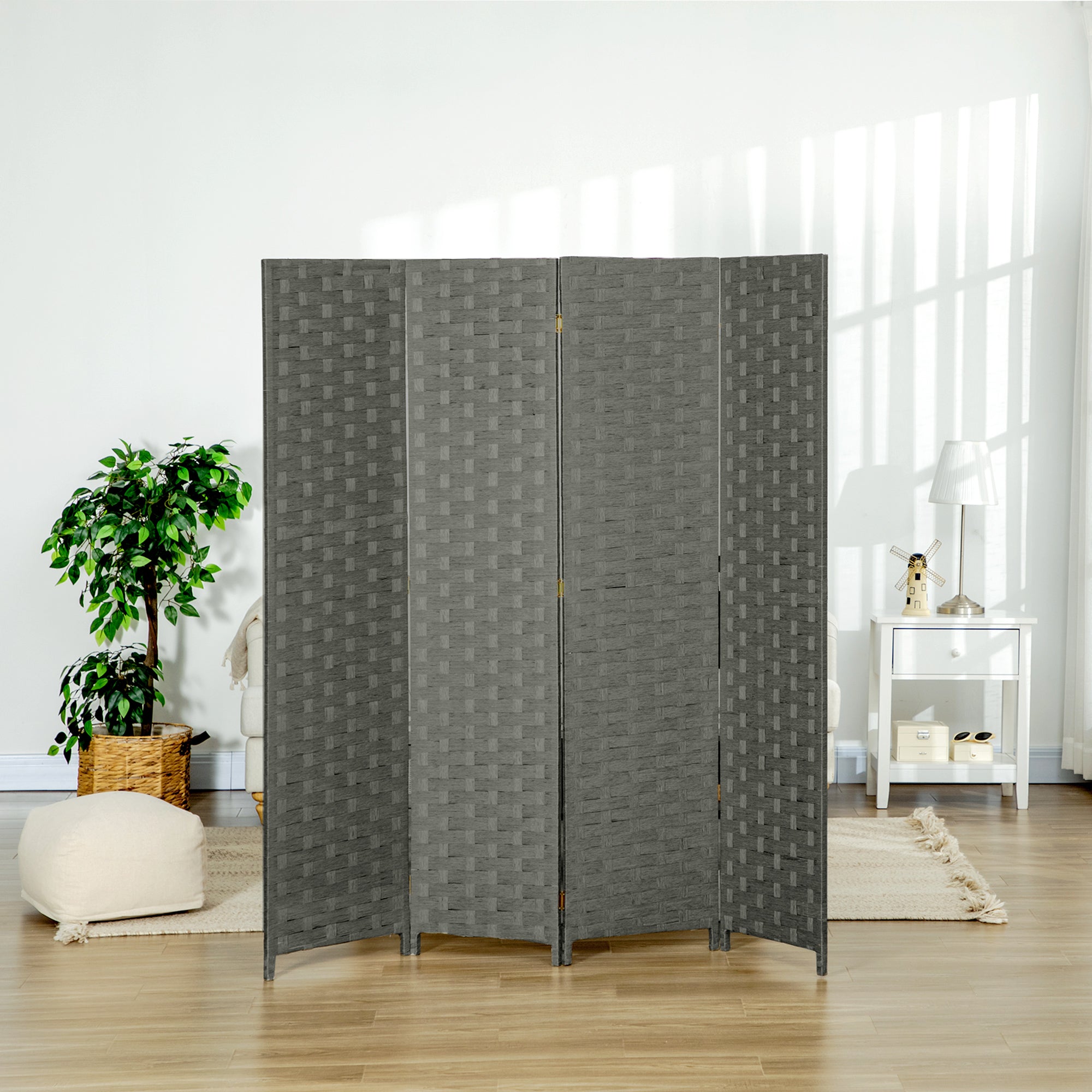 HOMCOM 4-Panel Room Dividers, Wave Fibre Freestanding Folding Privacy Screen Panels, Partition Wall Divider for Indoor Bedroom Office, 170 cm, Grey