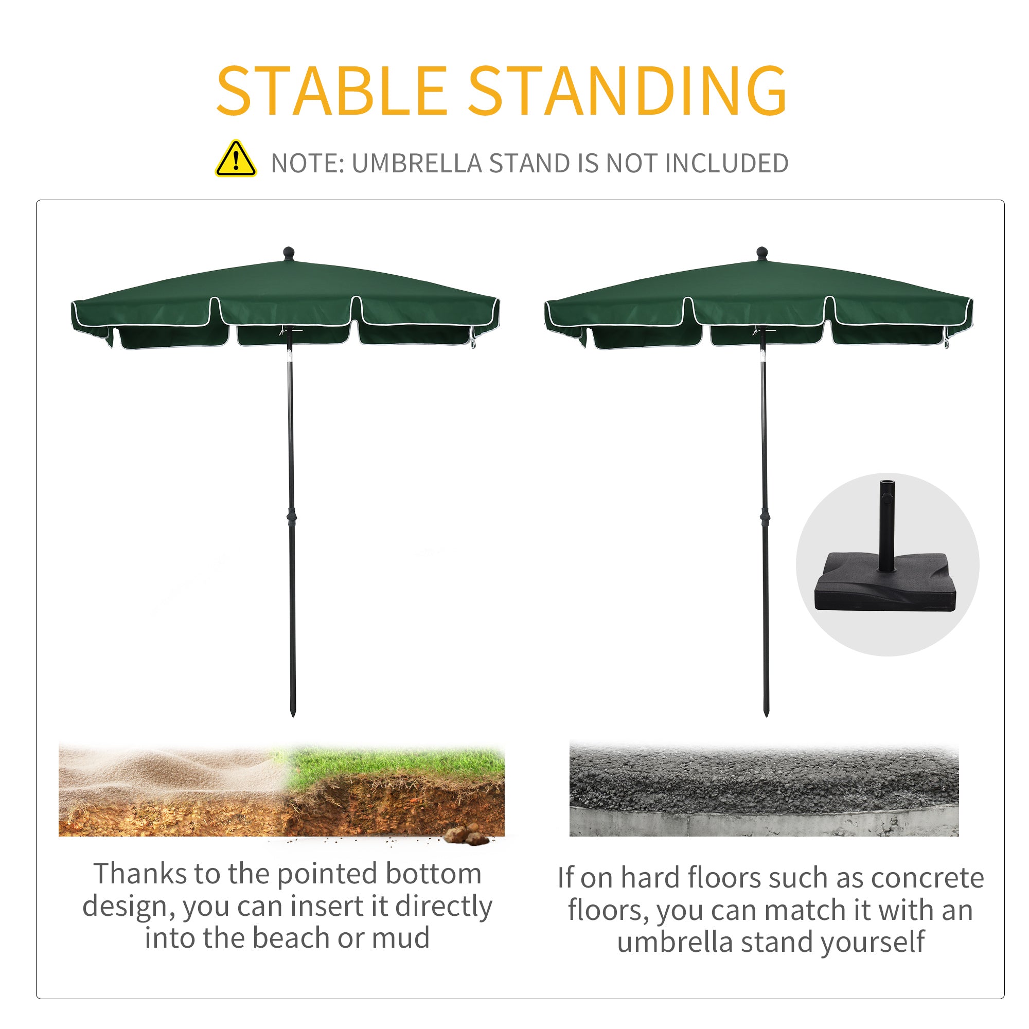 Outsunny Garden Parasol Umbrella, Outdoor Market Table Umbrella with Ruffles & Aluminium Pole, Rectangular Tilting Parasol Sun Shade Canopy, 2 x 1.3m, Green - North Peak Garden Furniture