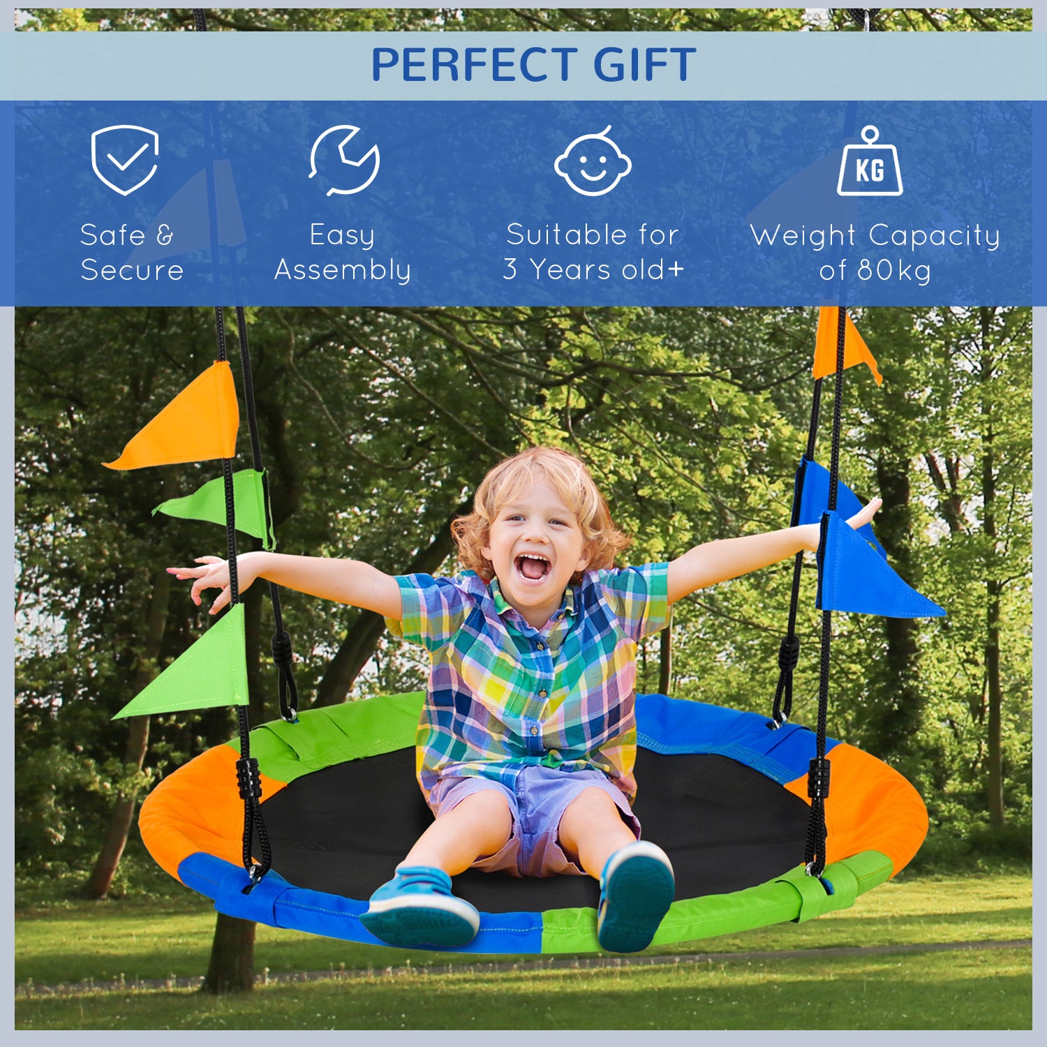 Outsunny Kid Nest Swing Seat Saucer Tree Swing 40 Inch/100cm Adjustable Rope Outdoor Indoor for Kids Over 3 Years Old Multi-Colour - North Peak Garden Furniture