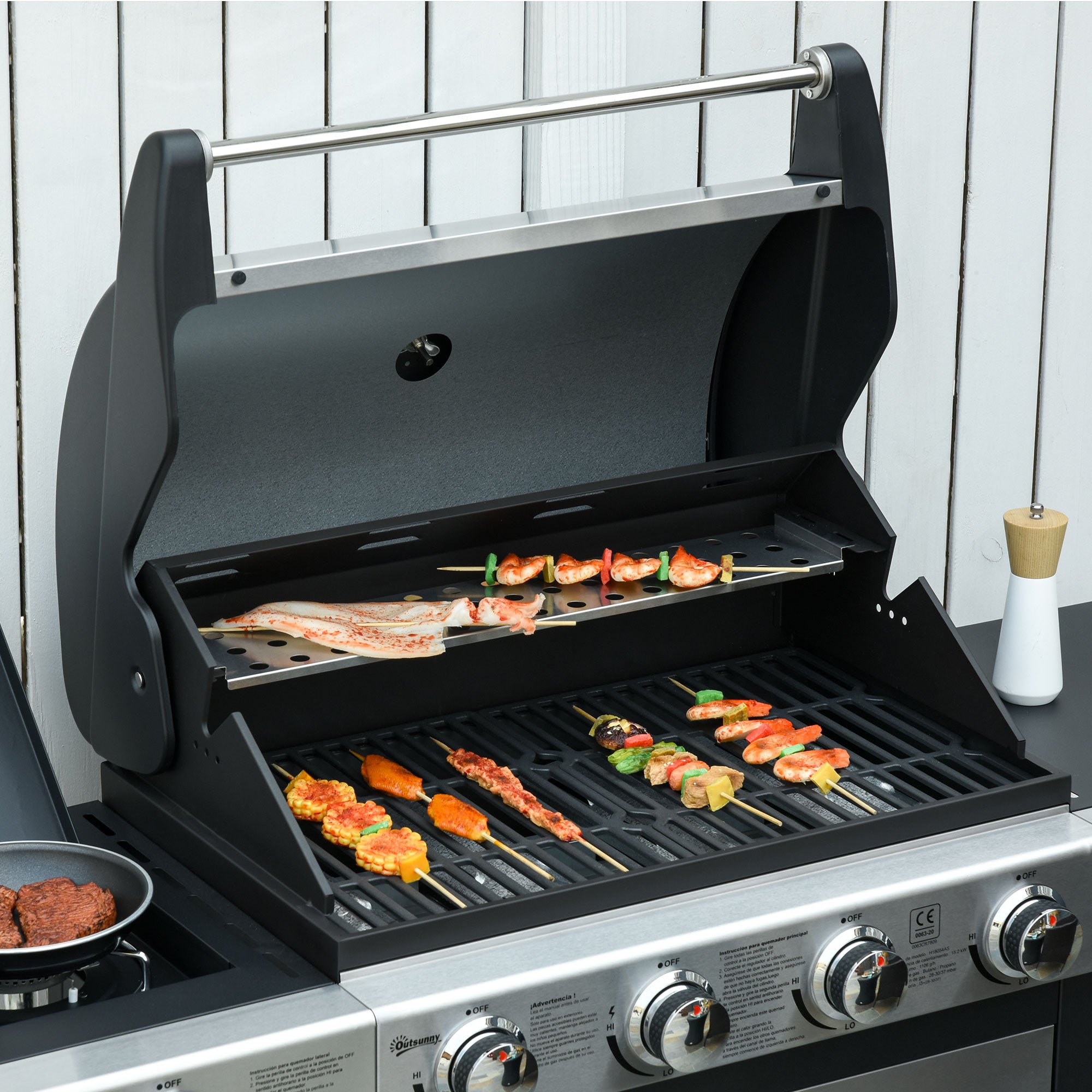 Outsunny Gas Barbecue Grill 4+1 Burner Garden Smoker BBQ Trolley w/ Side Burner Warming Rack Side Shelves Storage Cabinet Piezo Ignition Thermometer Stainless Steel + Metal - North Peak Garden Furniture