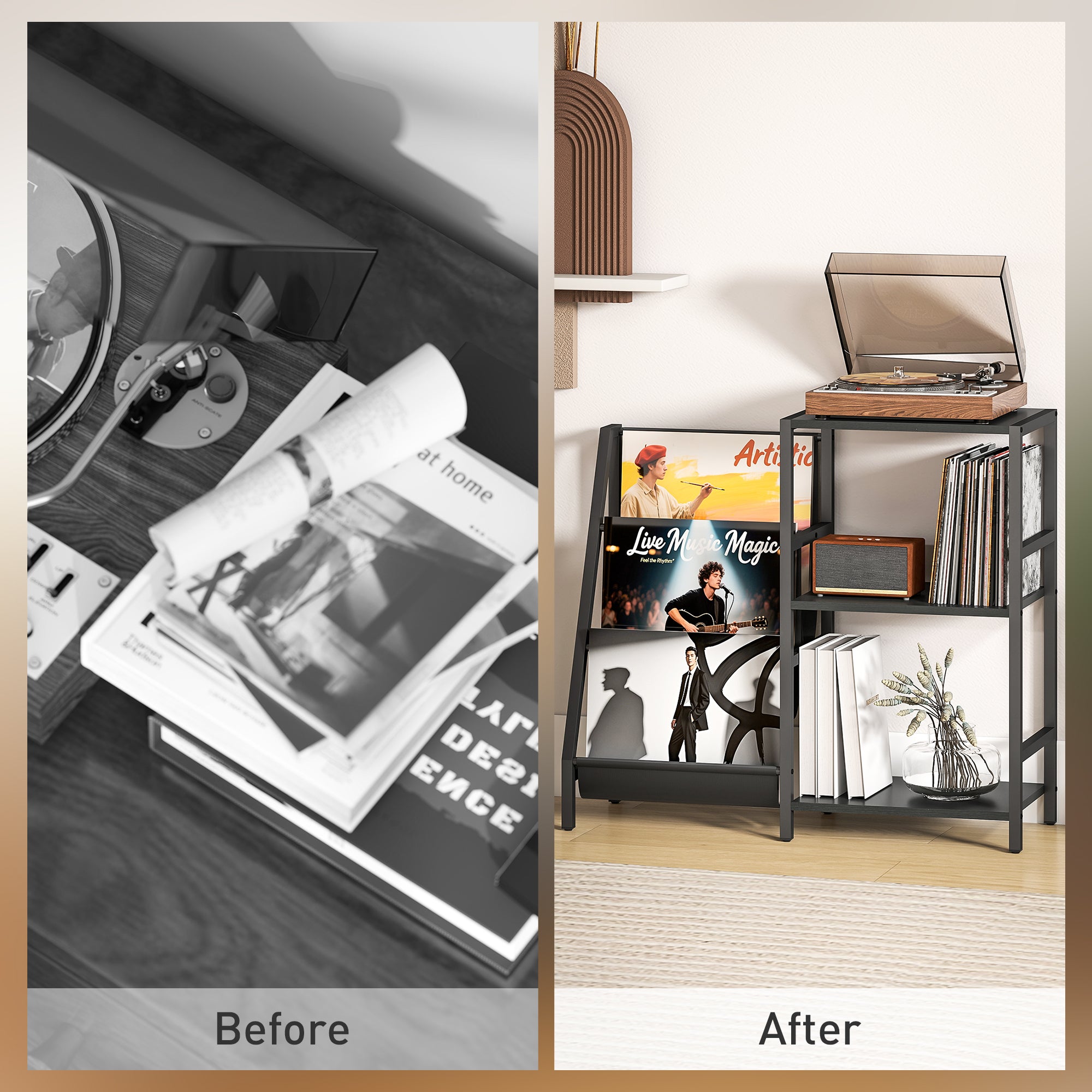 HOMCOM 3-Tier Record Player Stand, End Table for Living Room, Bedroom - Black Wood Effect - North Peak Garden Furniture