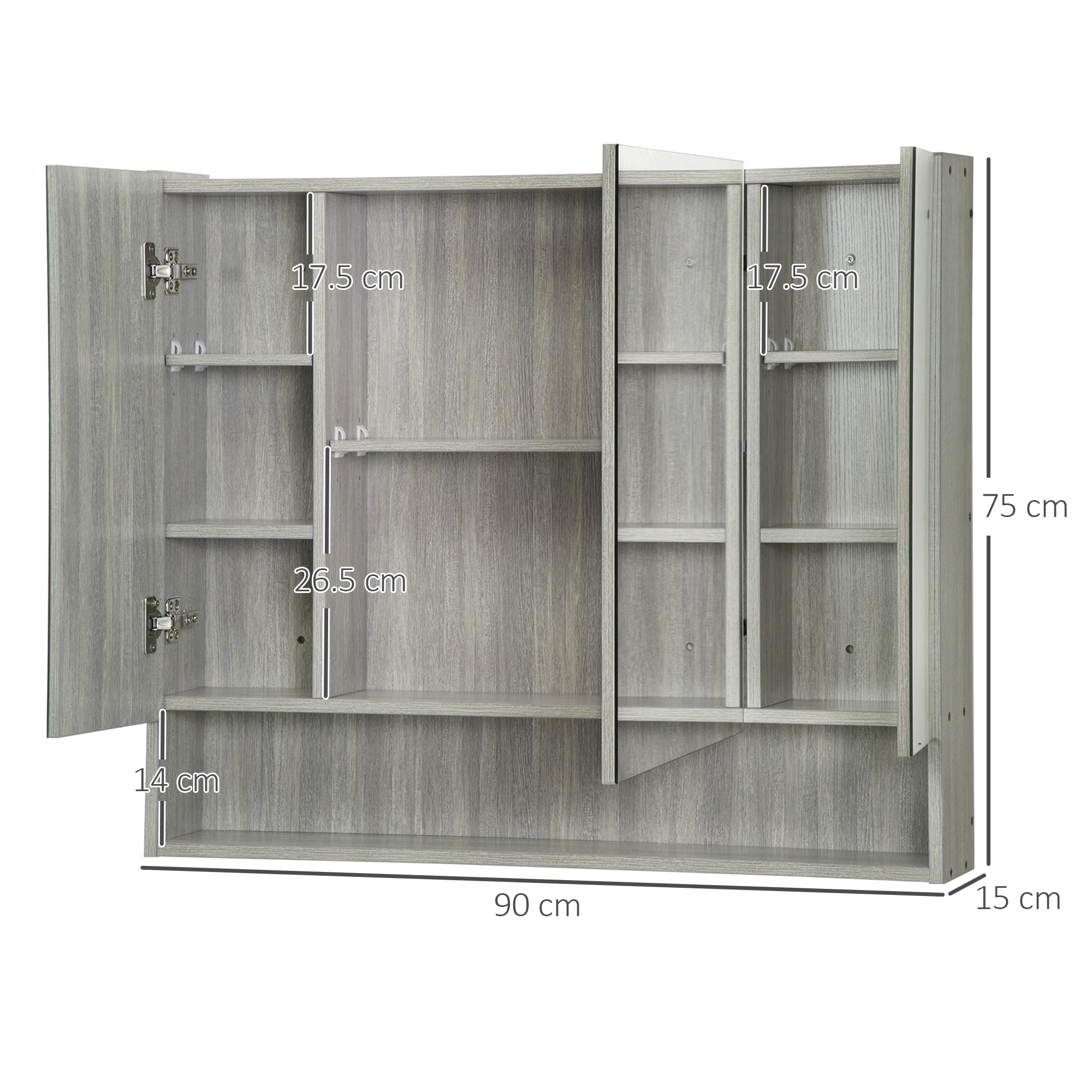 kleankin Bathroom Mirror Cabinet, Wall Mounted Storage Cabinet with Adjustable Shelves, 3 Doors and Cupboards, Grey - North Peak Garden Furniture