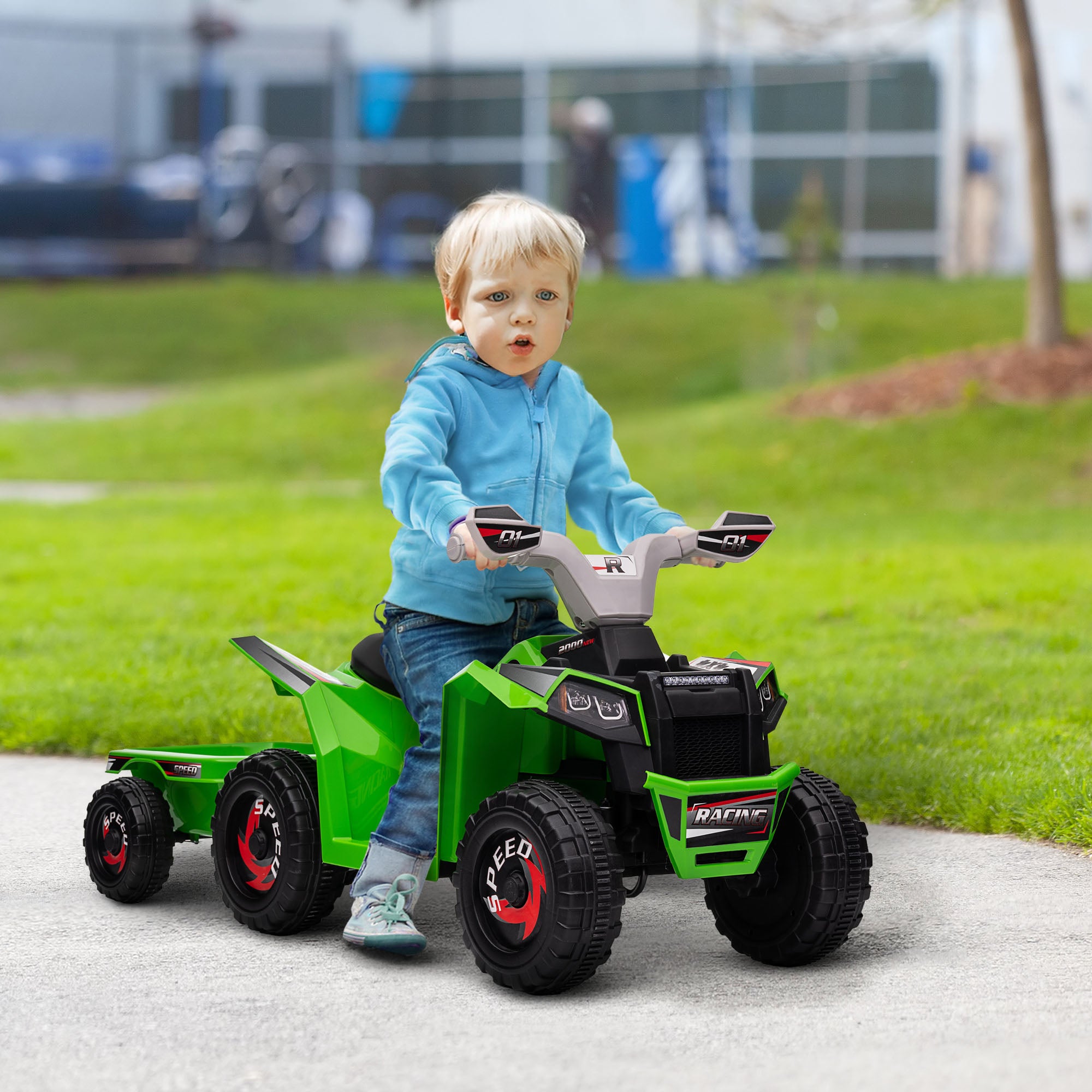 HOMCOM 6V Quad Bike with Back Trailer, Wear-Resistant Wheels, for Ages 18-36 Months, Green - North Peak Garden Furniture