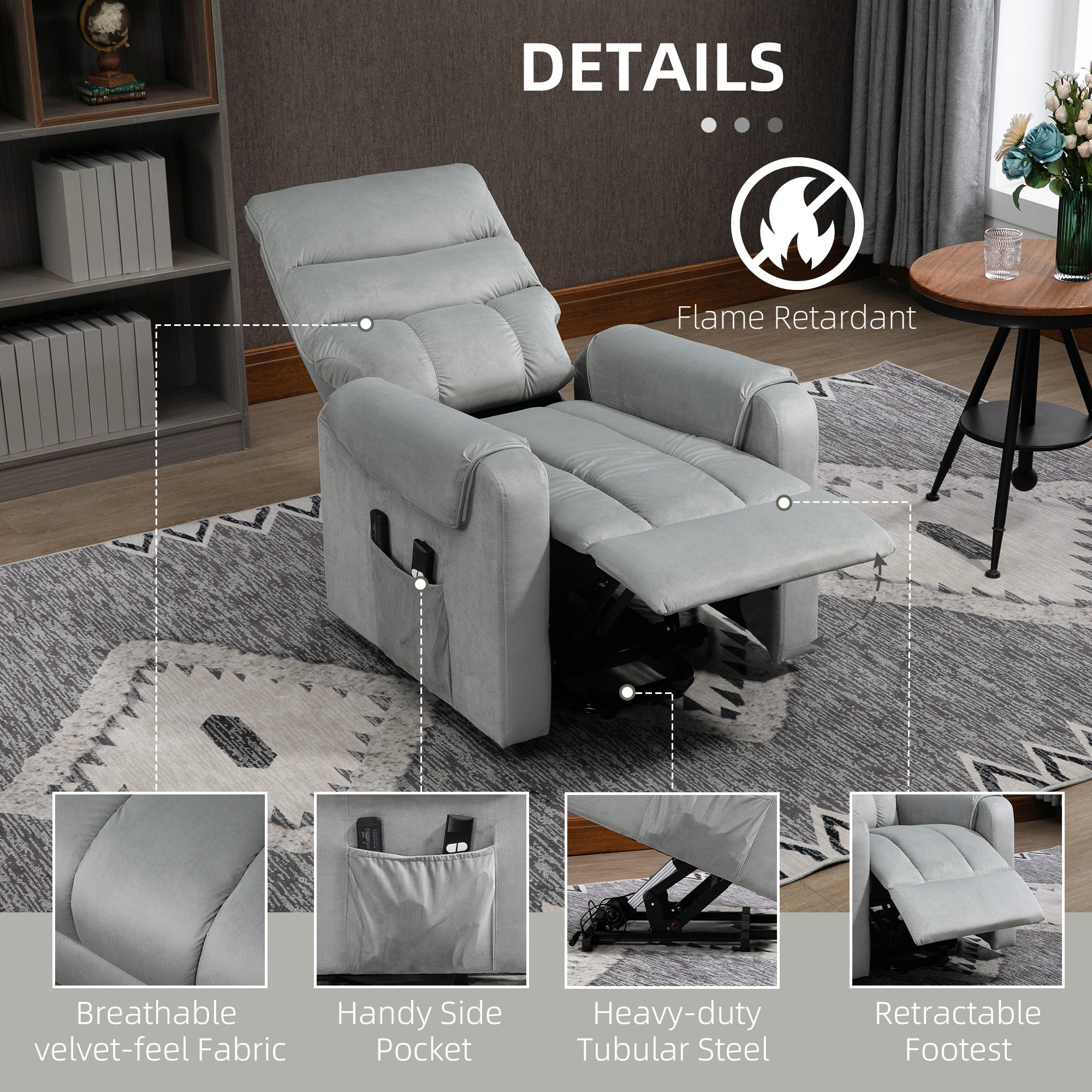 HOMCOM Vibration Massage Rise and Recliner Chair, Electric Power Lift Recliner with Remote Control and Side Pockets, Grey - North Peak Garden Furniture