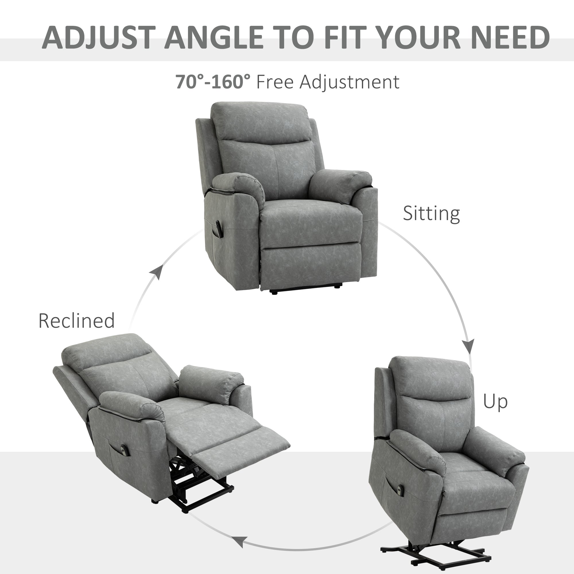 HOMCOM Faux Leather 70° Electric Riser Recliner Chair - Grey - North Peak Garden Furniture