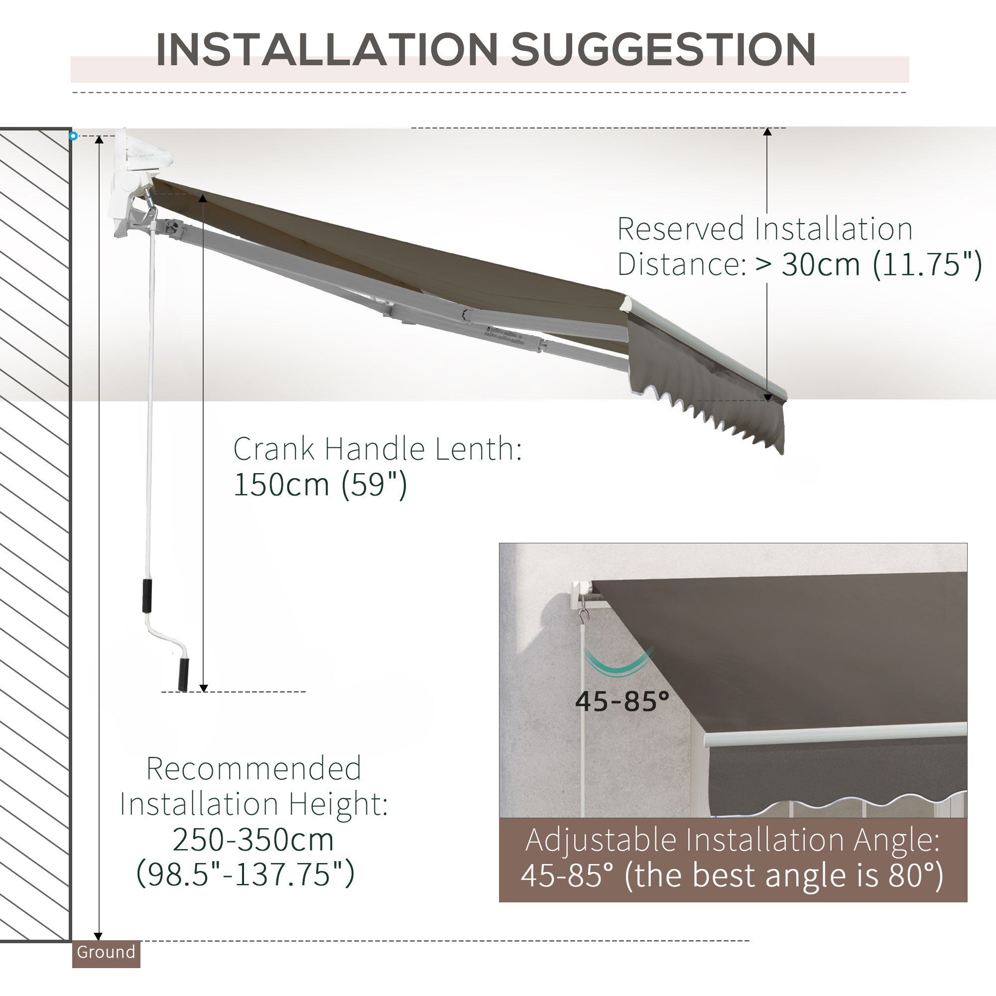 Outsunny Window Awning Canopy Garden Outdoor Shelter Patio Sun Shade UV Blocker Light Weight Aluminium Frame w/ Hand Crank 3 x 2m Grey