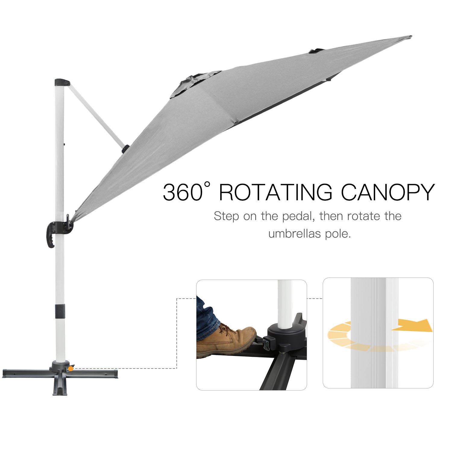 Outsunny 3 x 3(m) Cantilever Roma Parasol, Square Garden Umbrella with Cross Base, Crank Handle, Tilt, 360° Rotation and Aluminium Frame, Grey - North Peak Garden Furniture