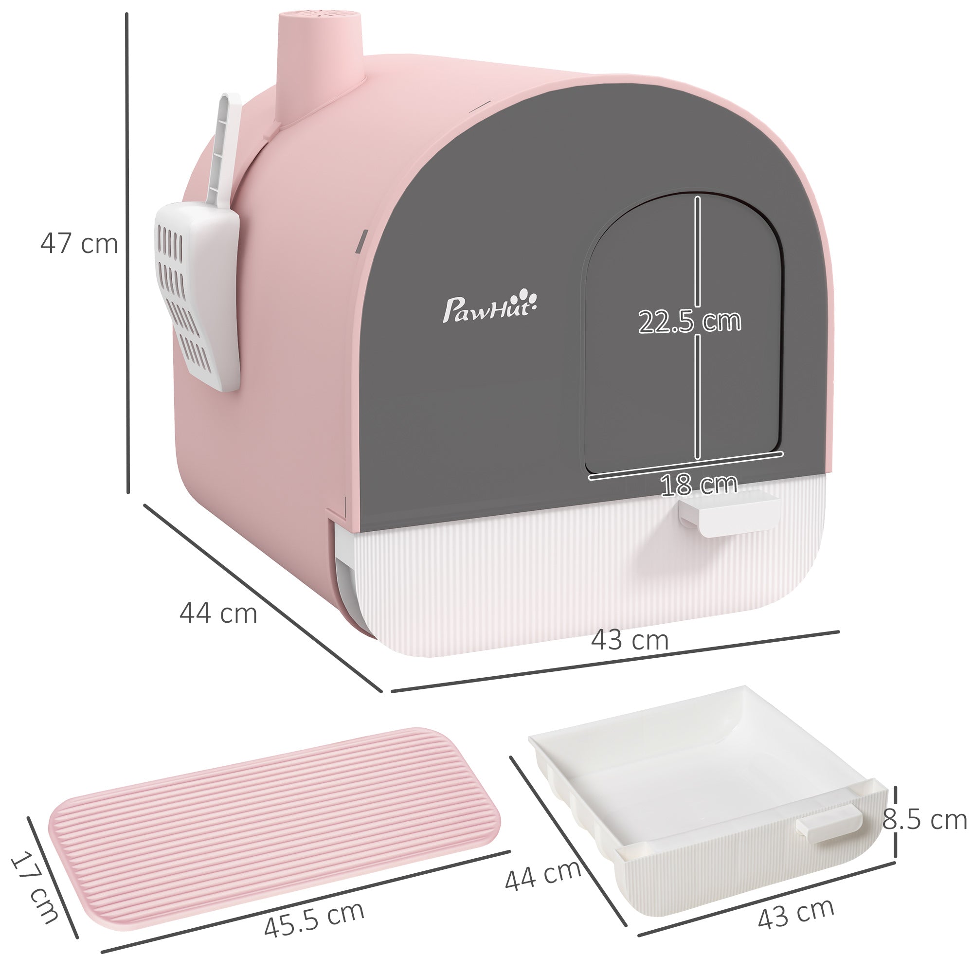 PawHut Hooded Cat Litter Box, Kitten Litter Tray, with Lid, Scoop, Filter, Flap Door, Pink - North Peak Garden Furniture