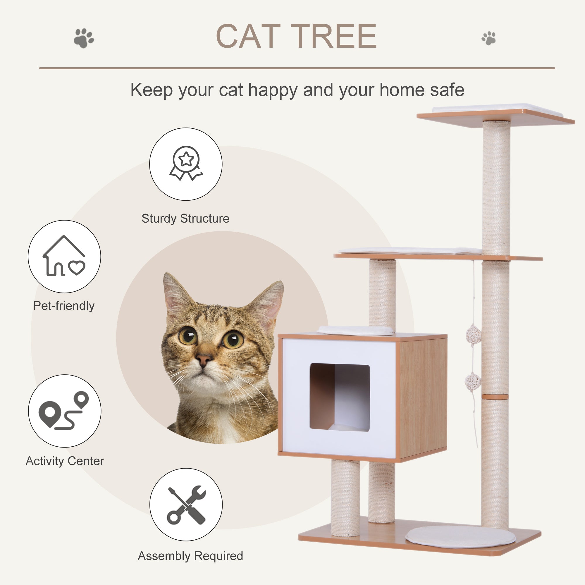 PawHut Wooden Cat Tree with Scratching Post, Multi-level Kitten House Condo, Activity Centre with Cushion and Hanging Toy