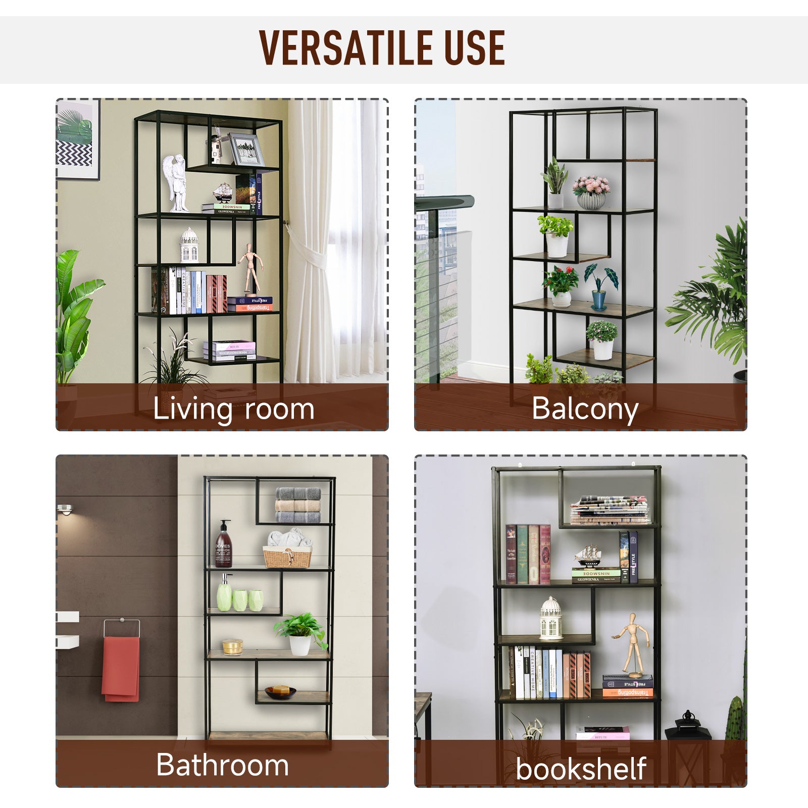 HOMCOM 6 Tier Bookcase, Industrial Tall Shelf Unit with Steel Frame for Home Office, Study, Living Room, Hallway, 82 x 33.5 x 175 cm, Rustic Brown and Black - North Peak Garden Furniture