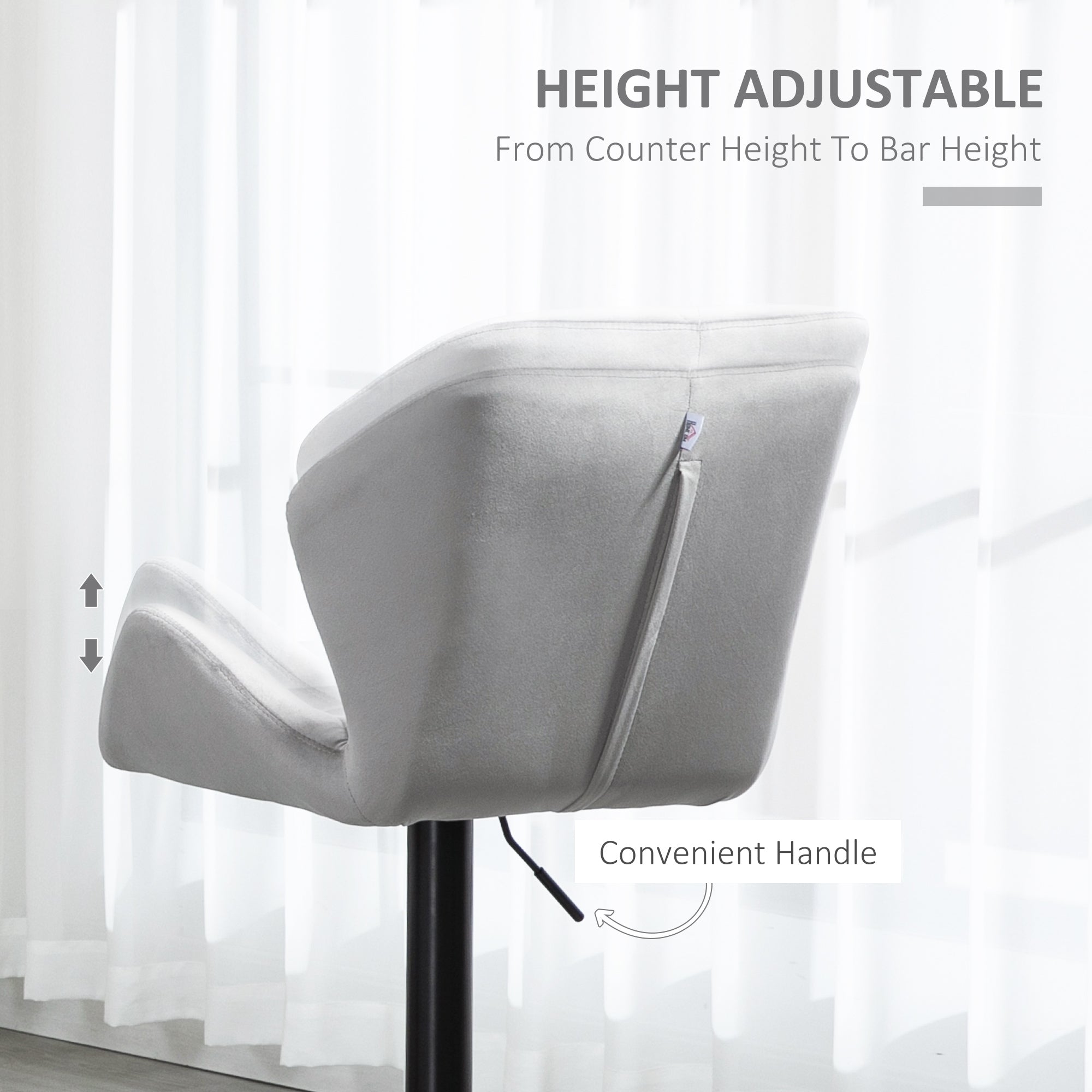 HOMCOM Bar Stools Set Of 2, Luxurious Velvet-Touch Barstools with Metal Frame Footrest Round Base Triangle Indenting Moulded Seat Adjustable Height Swivel Grey - North Peak Garden Furniture