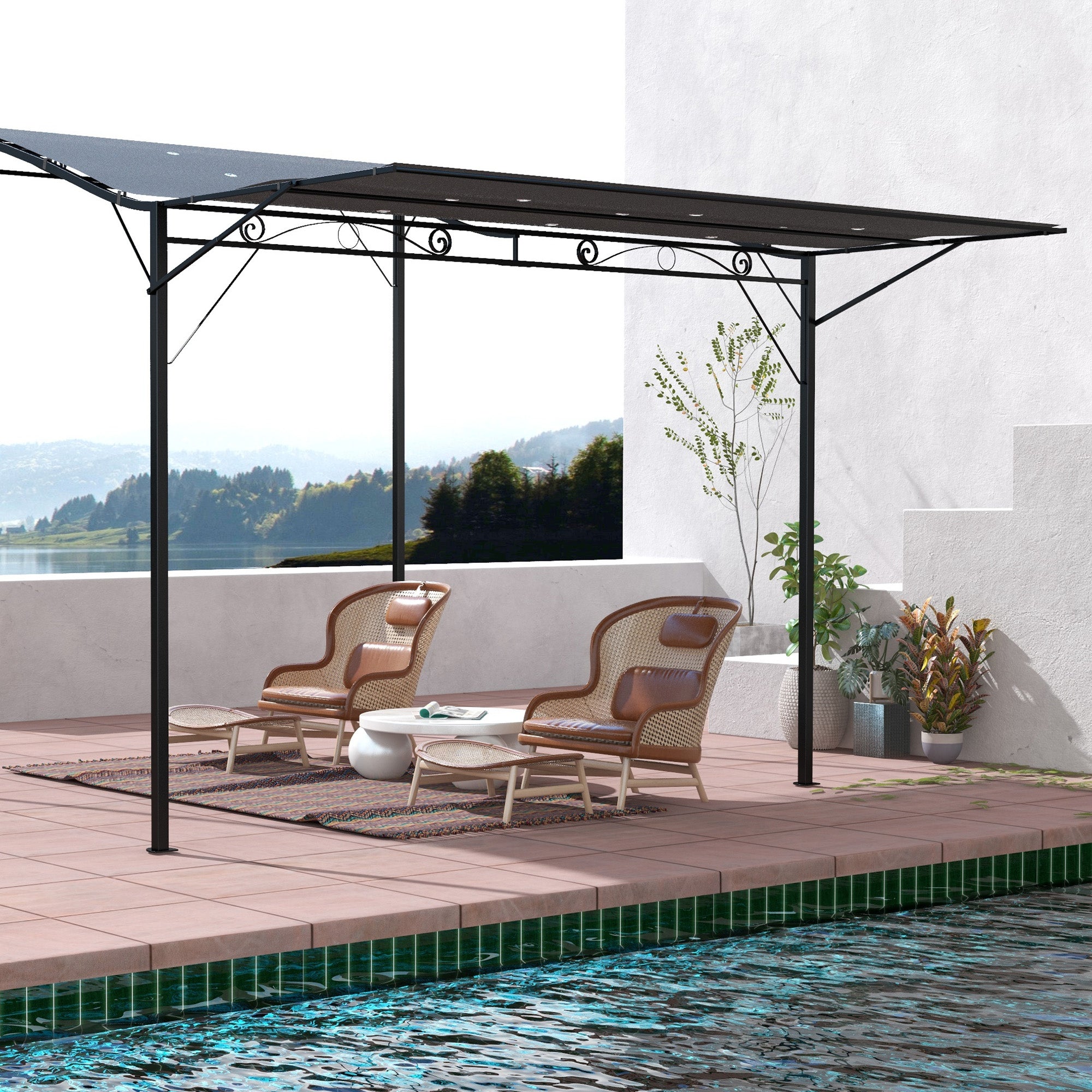 Outsunny 3 x 2.5m Patio Metal Gazebo Door Window Awning Wall Mount Metal Outdoor Shelter Charcoal Grey - North Peak Garden Furniture