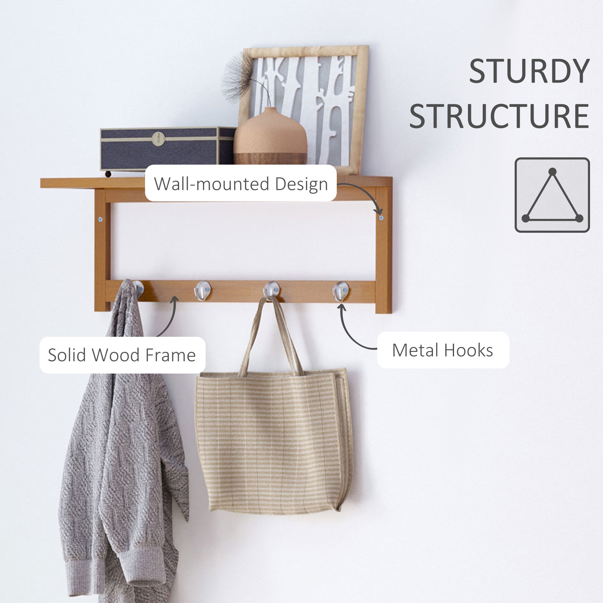HOMCOM Wall Mounted Coat Clothes Hat Hanger 4 Hooks Rack Stand with Rail & Storage Shelf for Hallway Entryway Bedroom Bathroom - North Peak Garden Furniture
