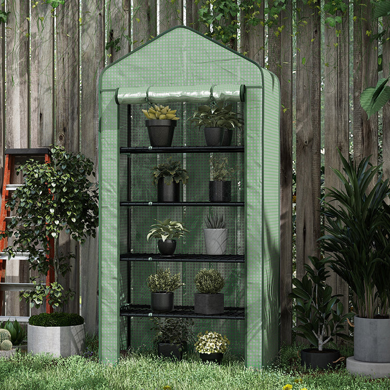 Outsunny 5 Tier Widened Mini Greenhouse with Reinforced PE Cover, Portable Indoor Outdoor Green House with Roll-up Door and Wire Shelves, 193H x 90W x 49Dcm, Green - North Peak Garden Furniture