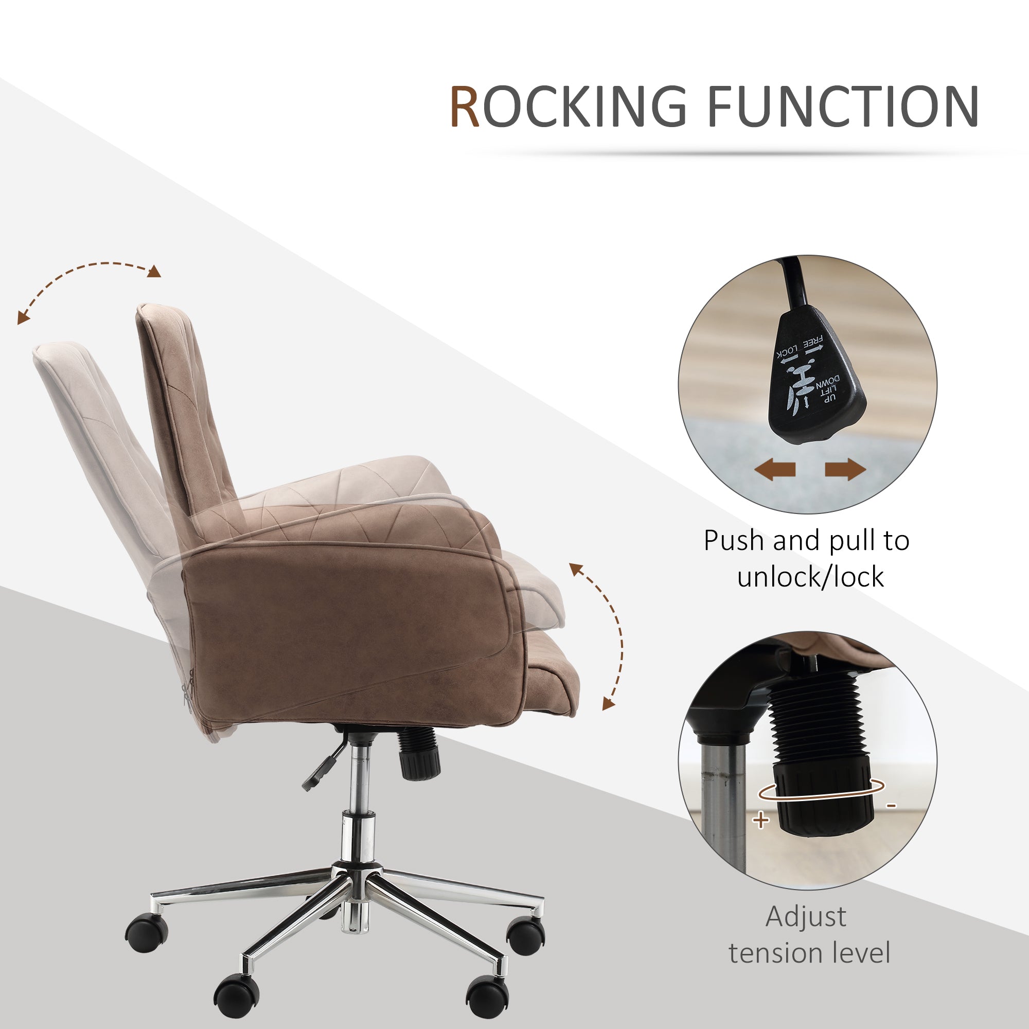 Vinsetto Office Desk Chair, Microfibre Vanity Chair with Height Adjustable, Armrest, Swivel Chair for Home, Coffee - North Peak Garden Furniture