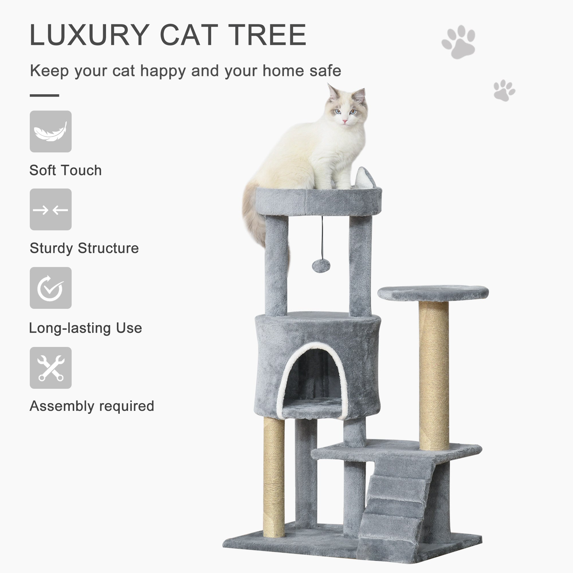 PawHut 100 cm Cat Tree, Cat Condo Tree Tower for Indoor Cats, Cat Activity Centre with Scratching Posts, Plush Perch, Ladder, Hanging Ball - Light Grey - North Peak Garden Furniture