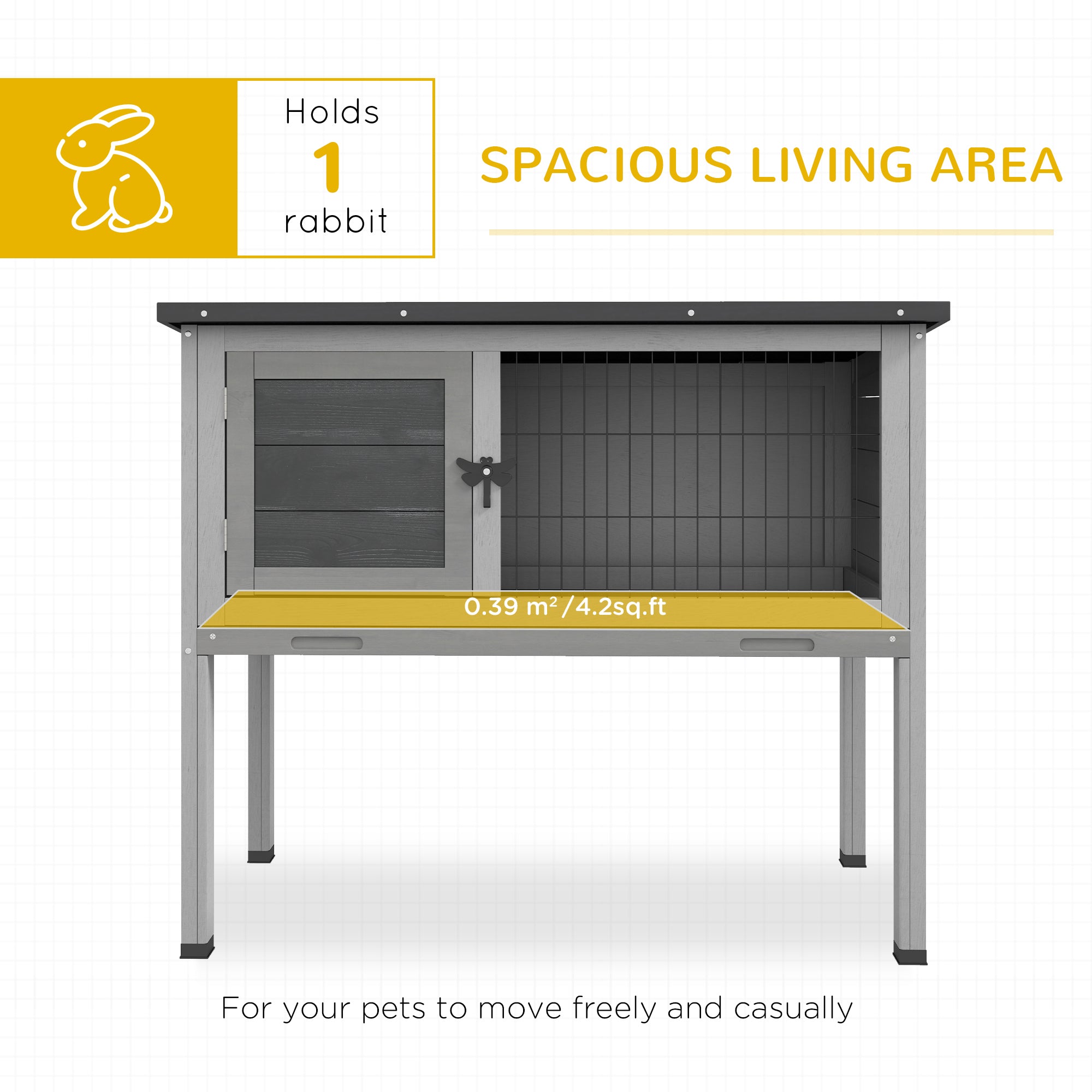 PawHut Wooden Guinea Pig Hutch, Small Animal Cage with Slide-out Tray, Openable Asphalt Roof, 84 x 43 x 70cm, Grey