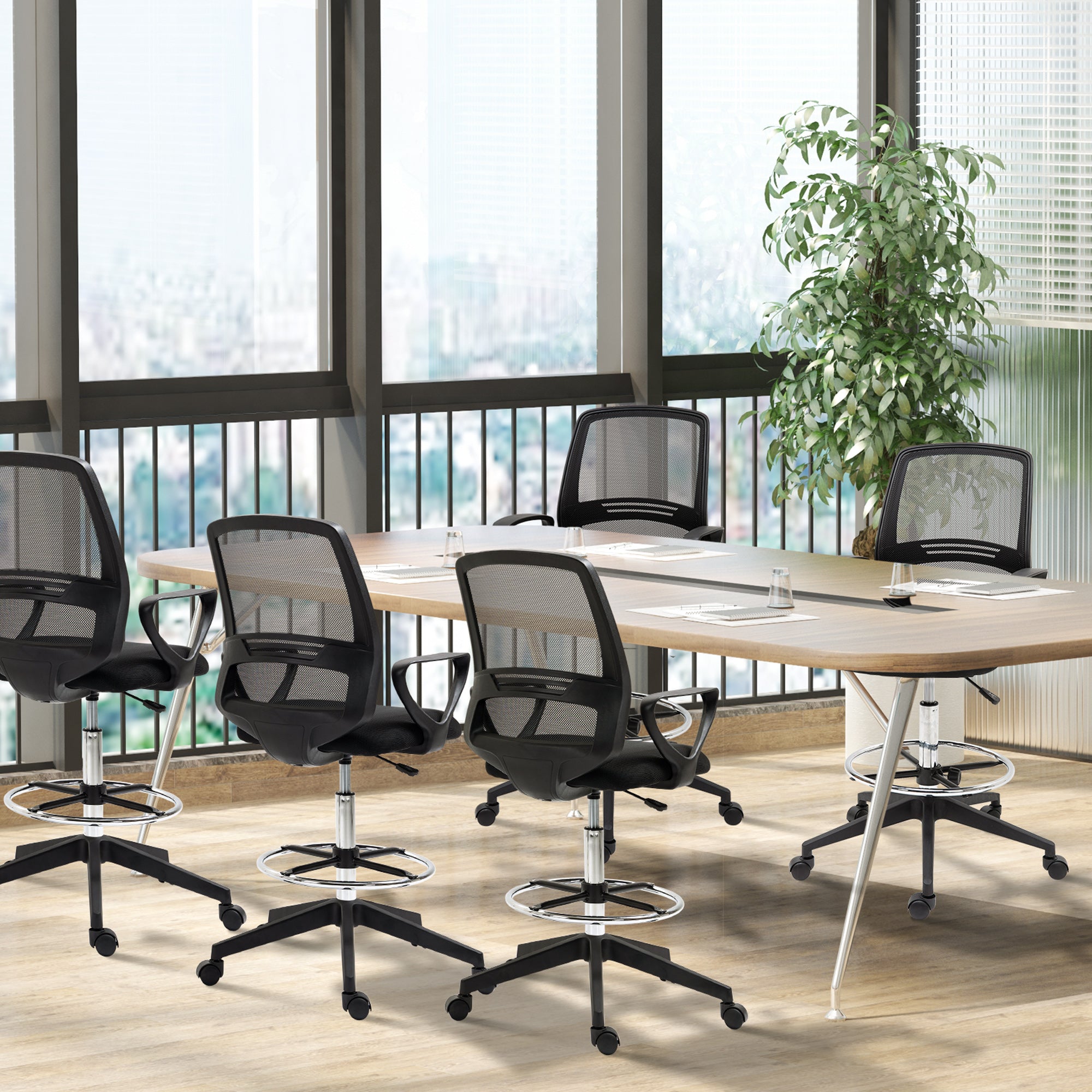 Vinsetto Ergonomic Mesh Back Drafting Chair, Tall Office Chair, Draughtsman Chair with Adjustable Height and Footrest 360° Swivel, Set of 5 - North Peak Garden Furniture