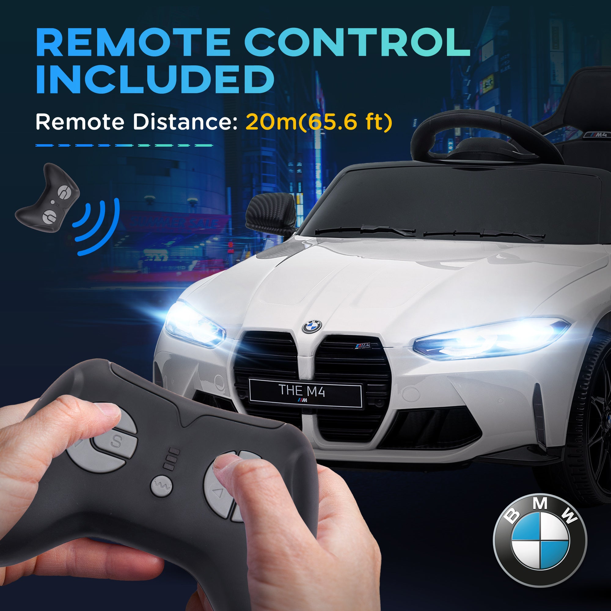 AIYAPLAY 12V BMW Licensed Kids Car, with Easy Transport, Remote Control, Suspension, Music, Horn, LED Lights, White - North Peak Garden Furniture