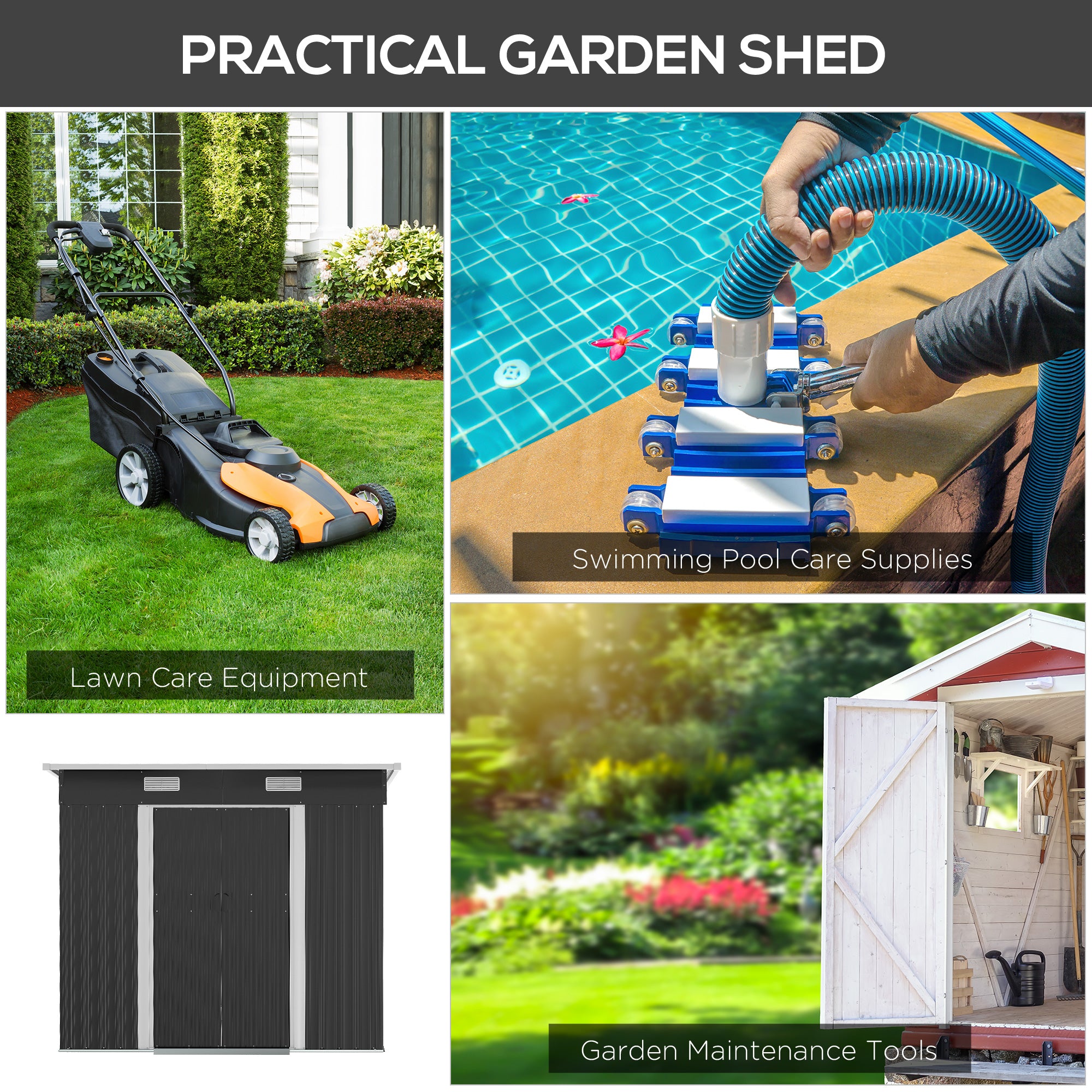 Outsunny 7 x 4ft Outdoor Storage Shed with Foundation Kit, Lean to Metal Garden Shed for Log, Rubbish Bin, Tool, Lawnmower, Bike, Patio and Lawn Use, Black - North Peak Garden Furniture