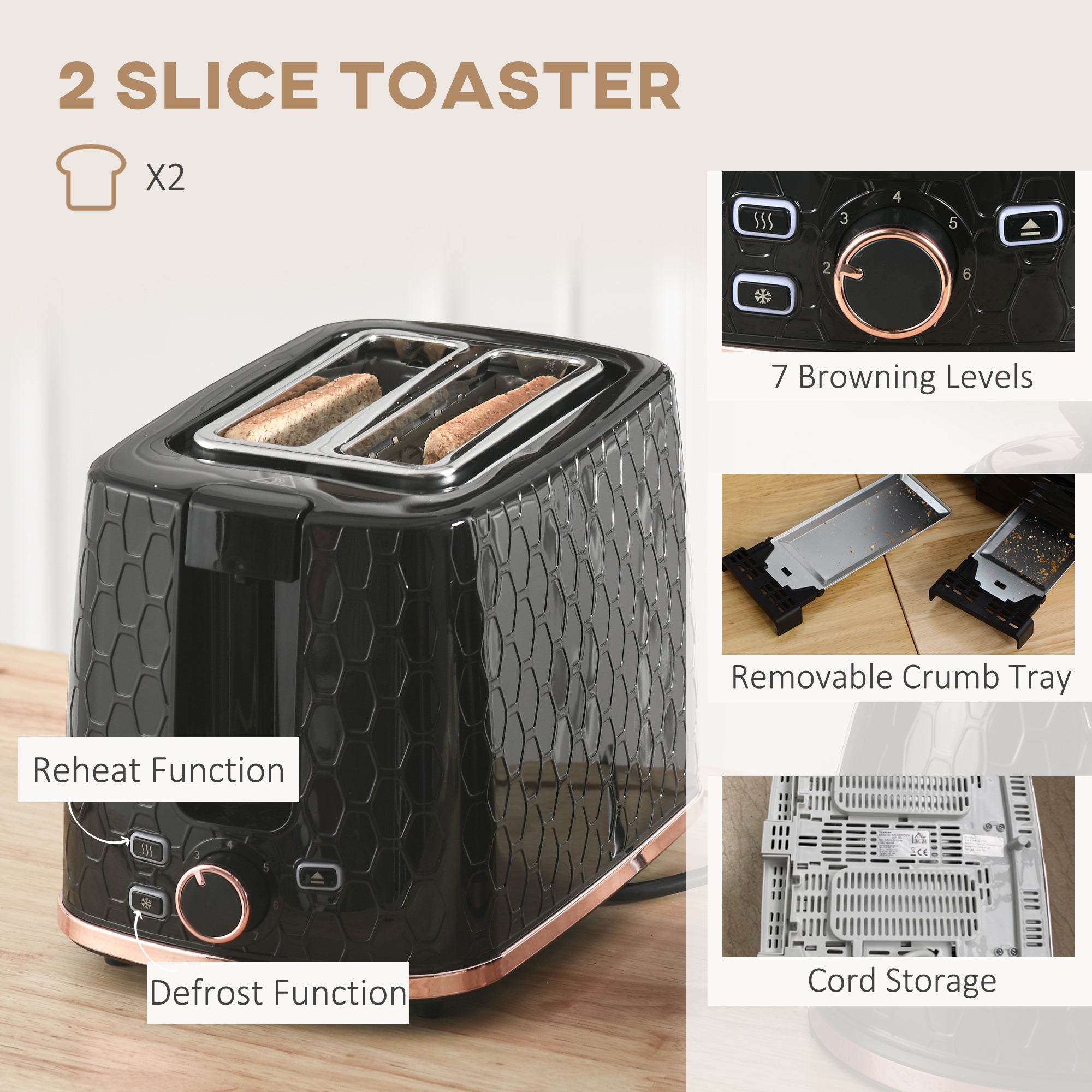 HOMCOM 1.7L 3000W Fast Boil Kettle & 2 Slice Toaster Set, Kettle and Toaster Set with Auto Shut Off, Browning Controls, Black - North Peak Garden Furniture