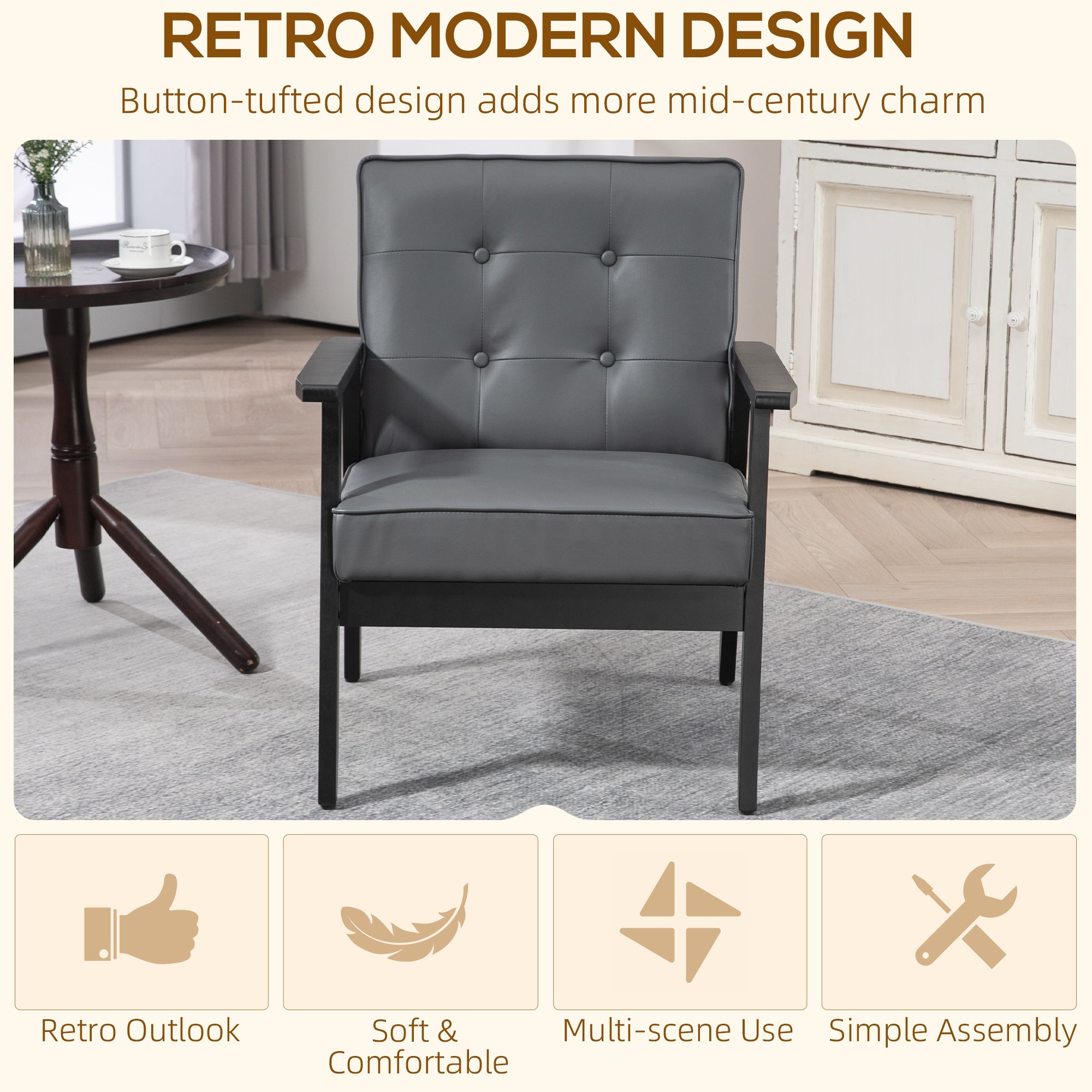 HOMCOM Retro-Style Accent Chair, with Faux Leather Seat - Grey - North Peak Garden Furniture