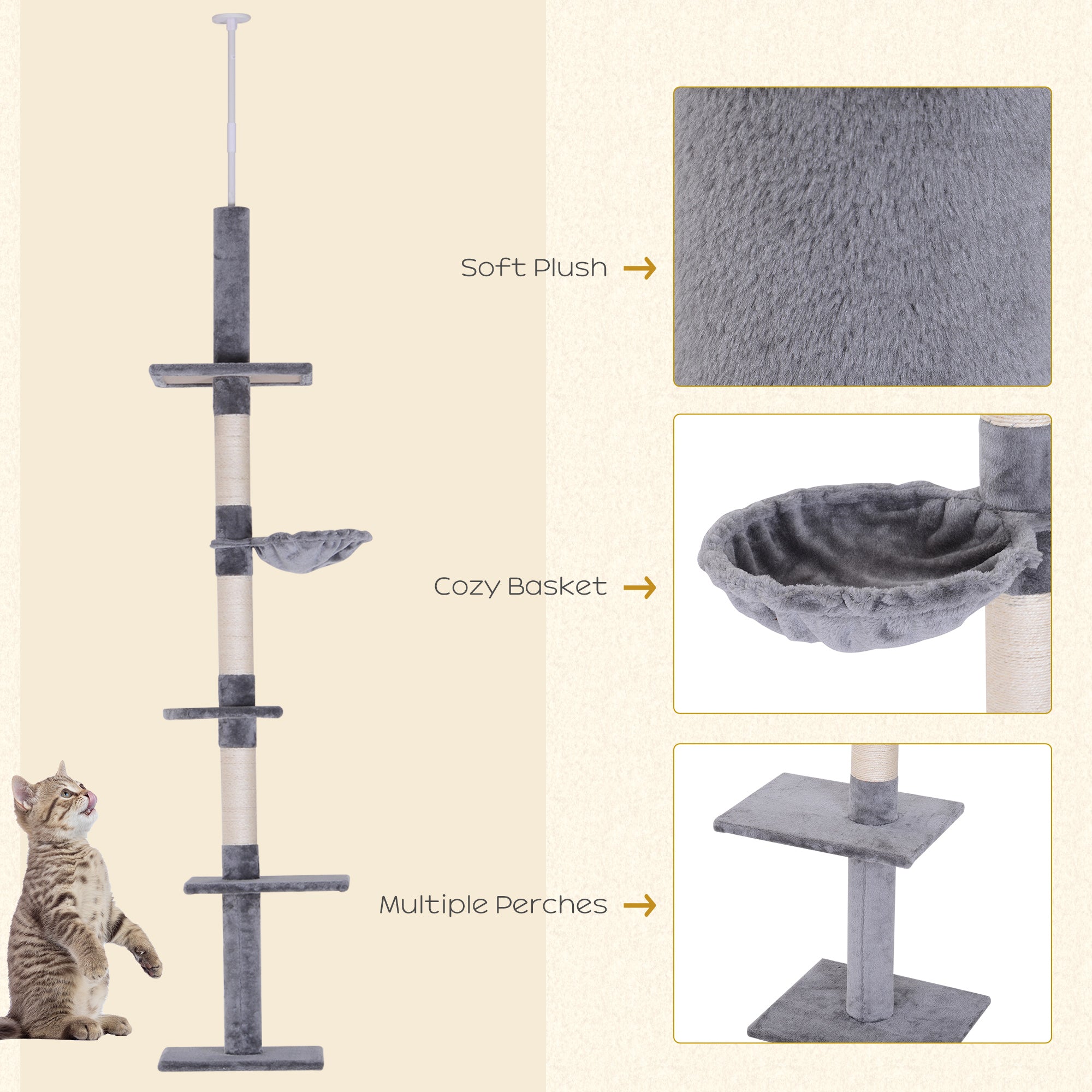 PawHut Floor to Ceiling Cat Tree for Indoor Cats 5-Tier Kitty Tower Climbing Activity Center Scratching Post Adjustable Height 230-260 cm Grey - North Peak Garden Furniture