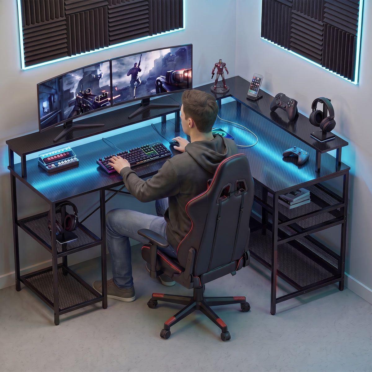 HOMCOM L Shaped Gaming Desk with LED Lights and Power Outlets, 150cm Corner Computer Desk for Small Space, Black