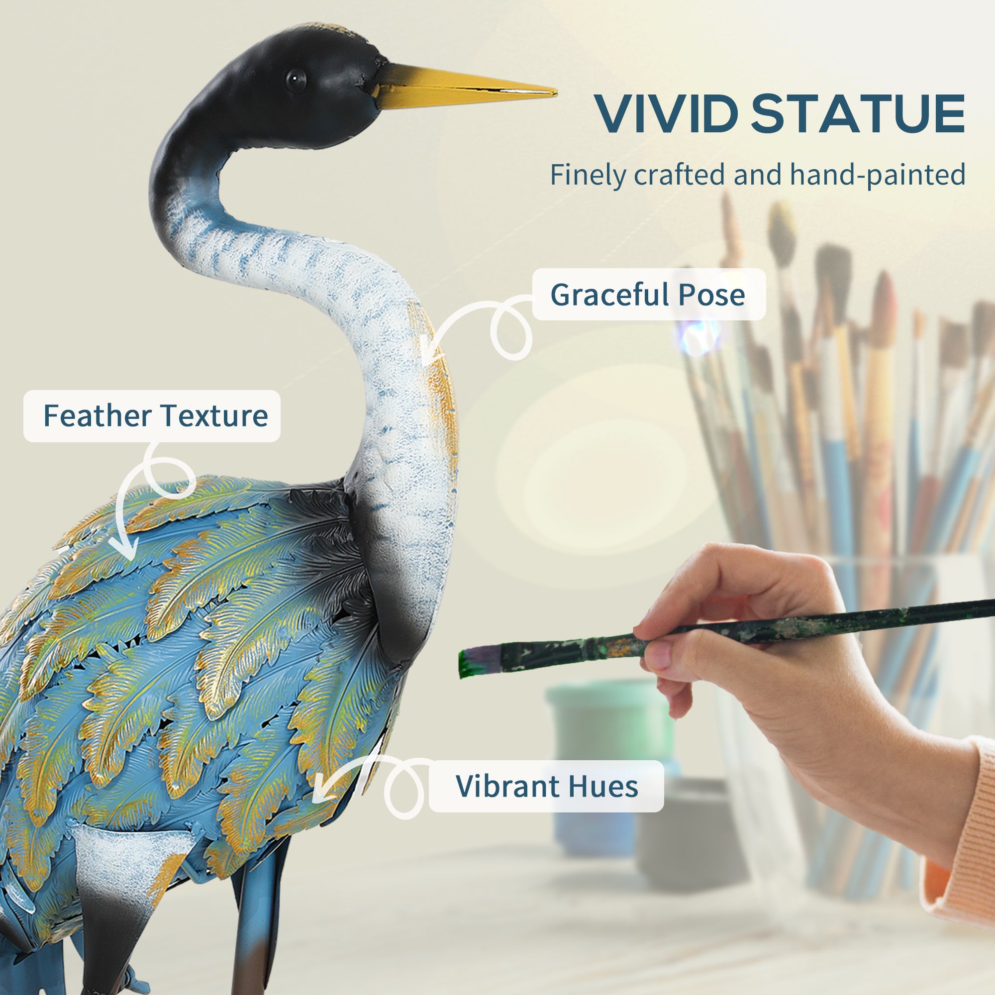 Outsunny Heron Garden Statue, Standing Garden Ornament, Metal Garden Gift with Stakes, 28 x 17 x 63 cm, Multi-Colour