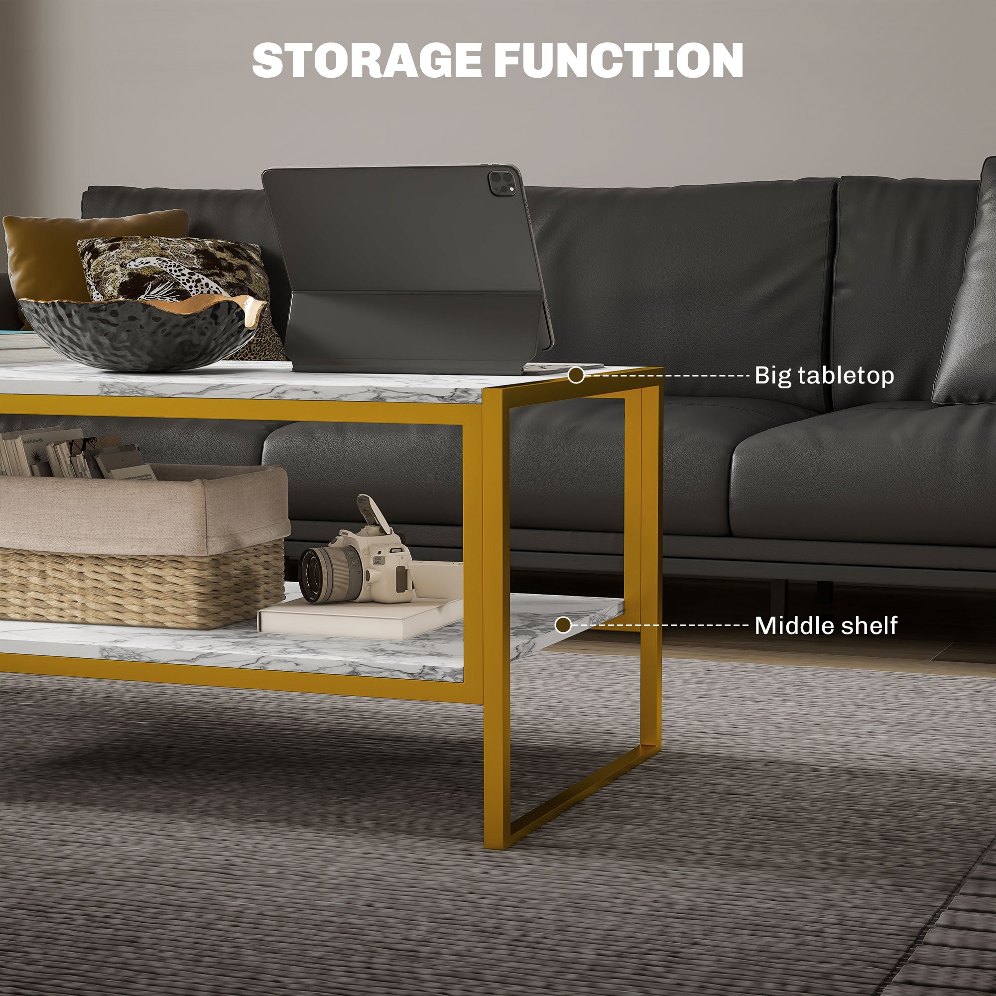 HOMCOM Coffee Table, Two-Tier Marble Centre Table with Metal Frame and Storage Shelf for Living Room, 106 x 50 x 45cm, White - North Peak Garden Furniture