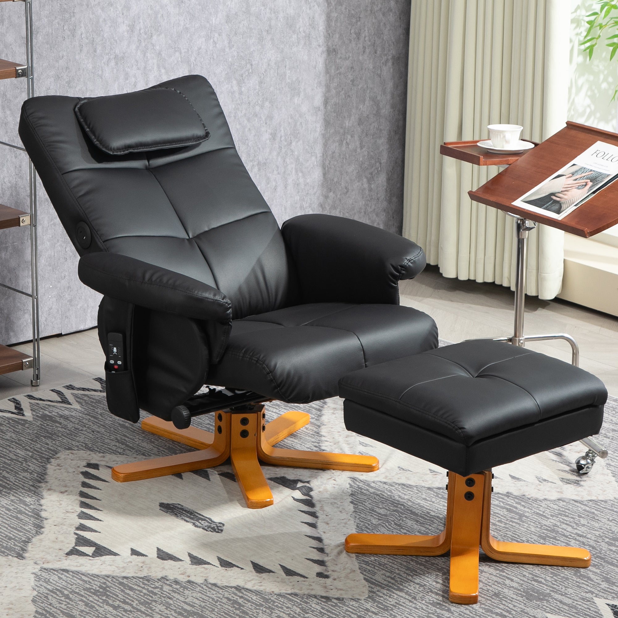 HOMCOM Faux Leather Massage Recliner Chair, with Storage Ottoman - Black - North Peak Garden Furniture